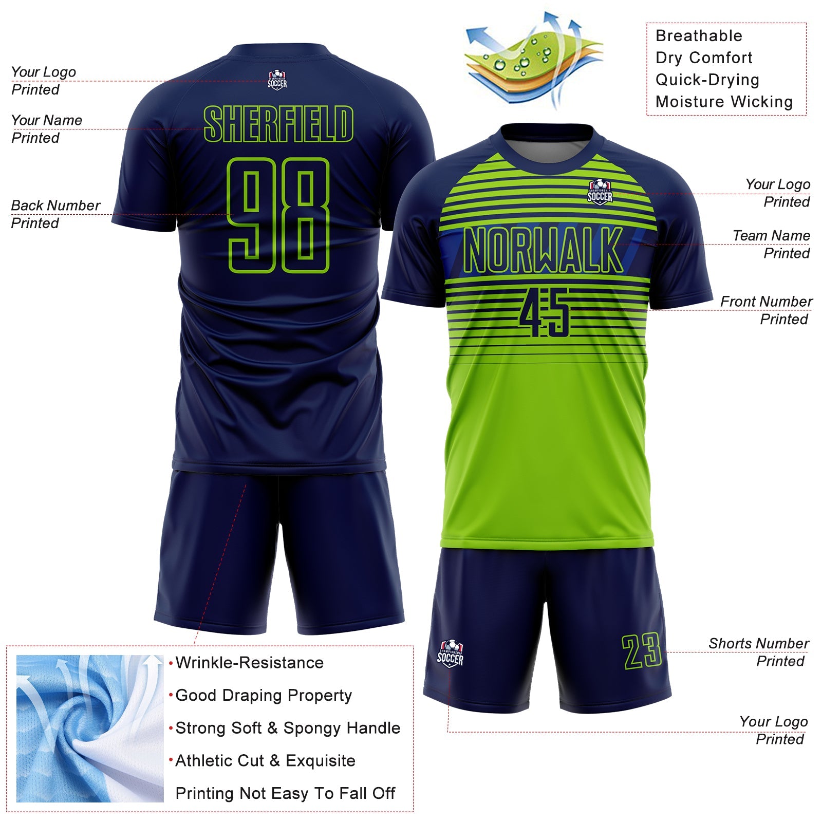 Custom Navy Neon Green-Royal Gradient Horizontal Stripes Sublimation Soccer Uniform Jersey view 4