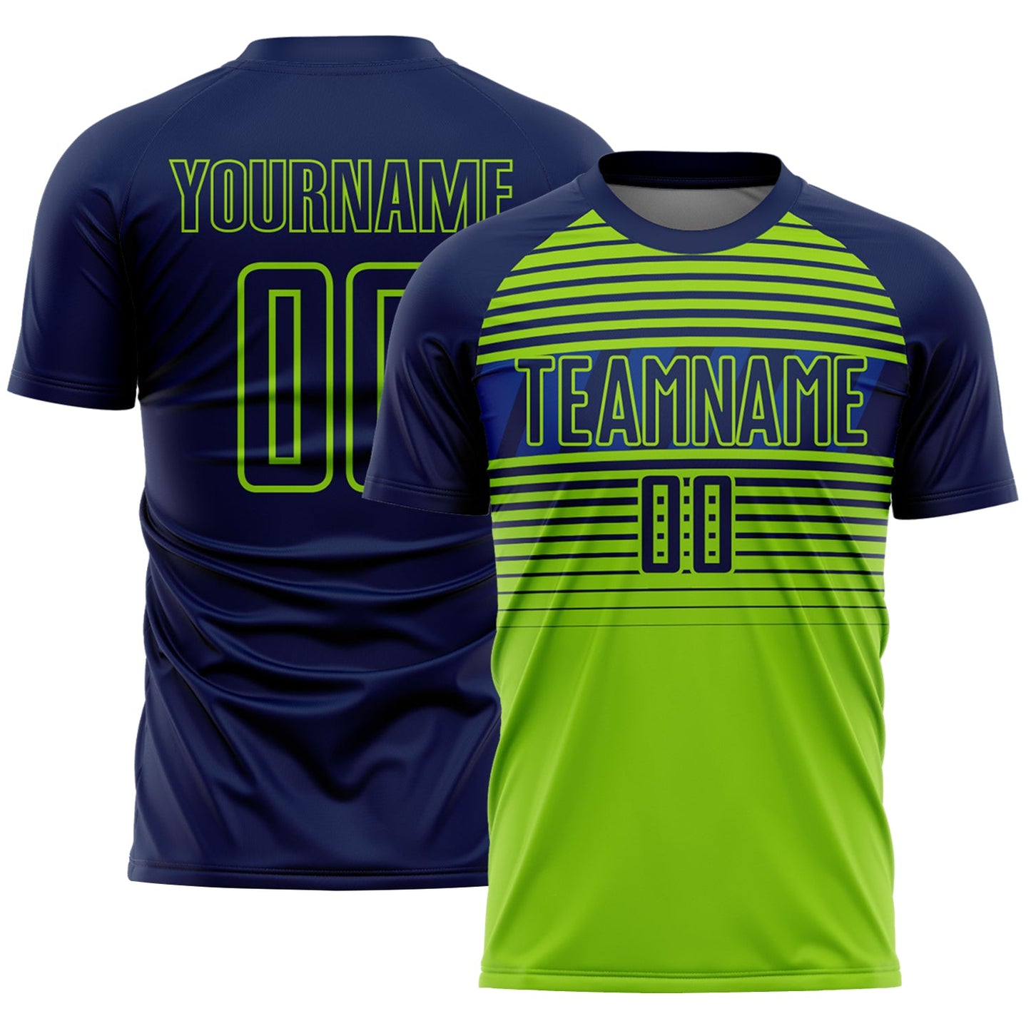 Custom Navy Neon Green-Royal Gradient Horizontal Stripes Sublimation Soccer Uniform Jersey - Main View