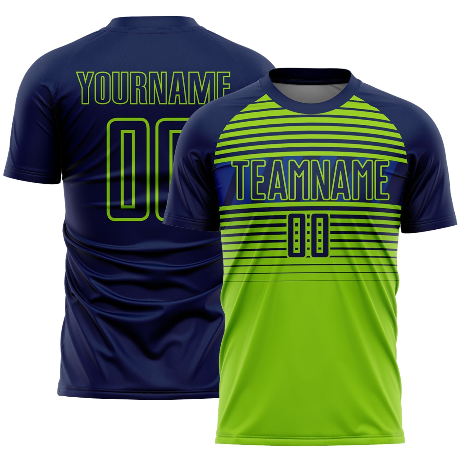 Custom Navy Neon Green-Royal Gradient Horizontal Stripes Sublimation Soccer Uniform Jersey - Main View