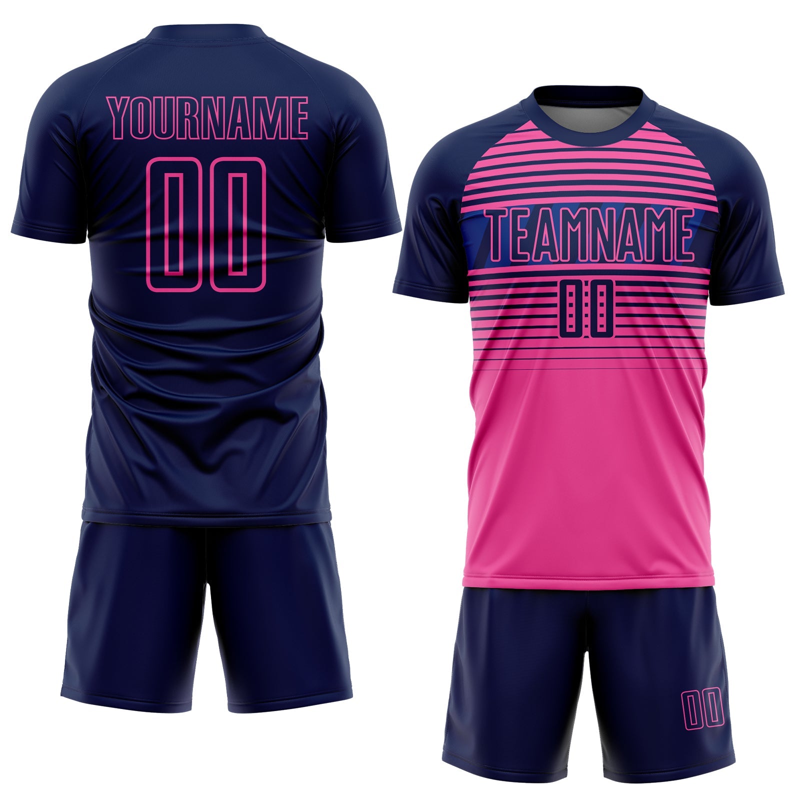 Custom Navy Pink-Royal Gradient Horizontal Stripes Sublimation Soccer Uniform Jersey view 2