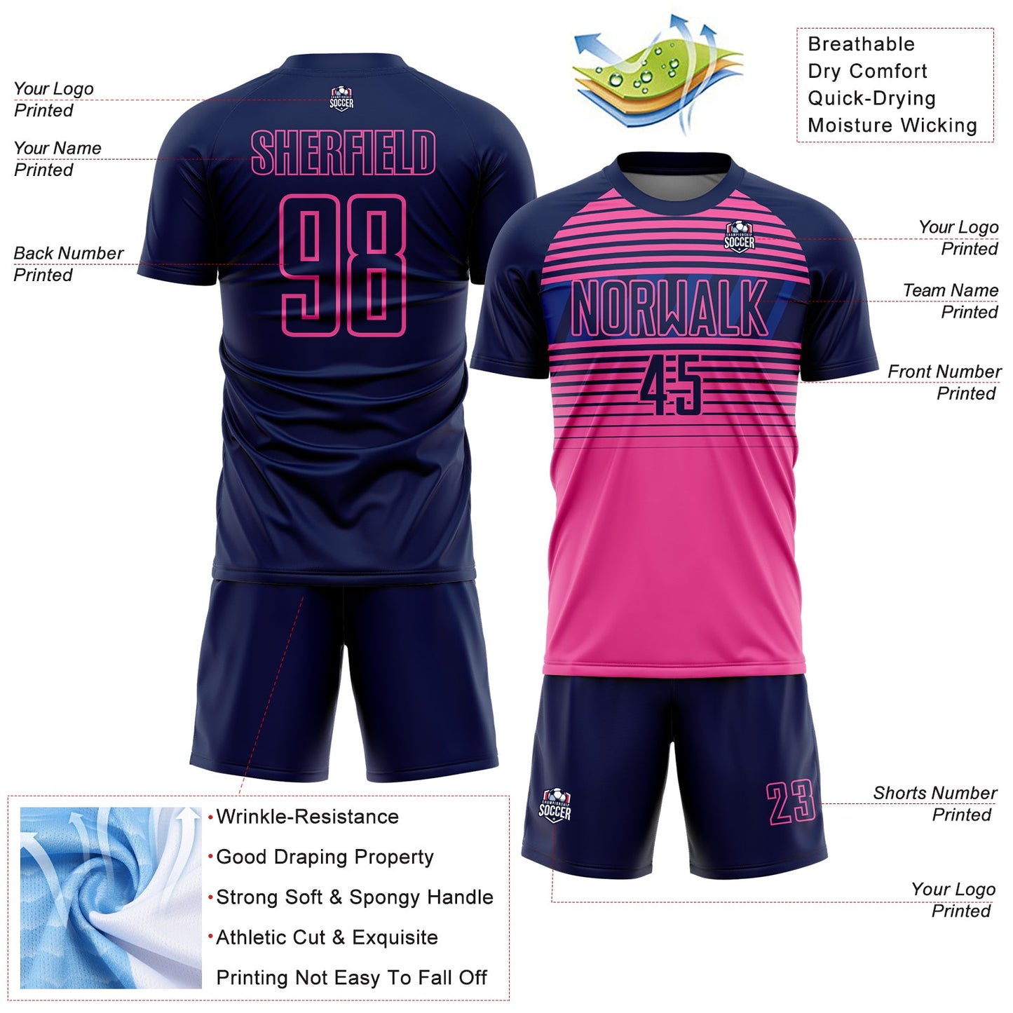 Custom Navy Pink-Royal Gradient Horizontal Stripes Sublimation Soccer Uniform Jersey view 4