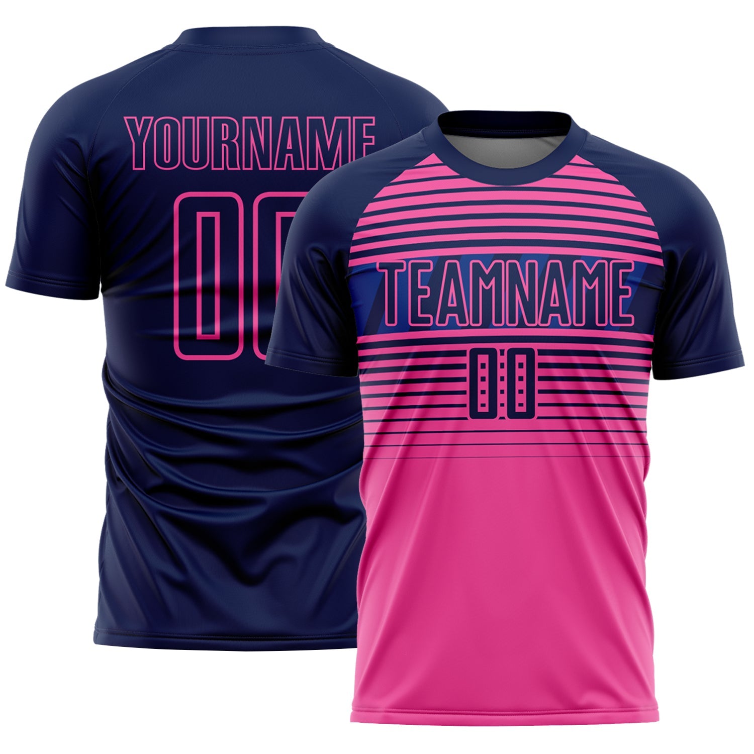 Custom Navy Pink-Royal Gradient Horizontal Stripes Sublimation Soccer Uniform Jersey - Main View