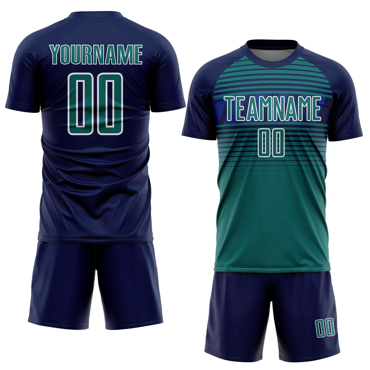 Custom Navy Teal Royal-White Gradient Horizontal Stripes Sublimation Soccer Uniform Jersey view 2