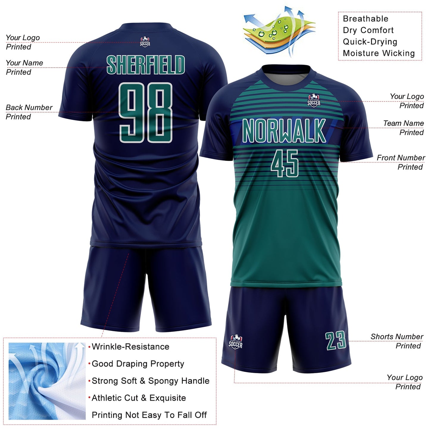 Custom Navy Teal Royal-White Gradient Horizontal Stripes Sublimation Soccer Uniform Jersey view 4