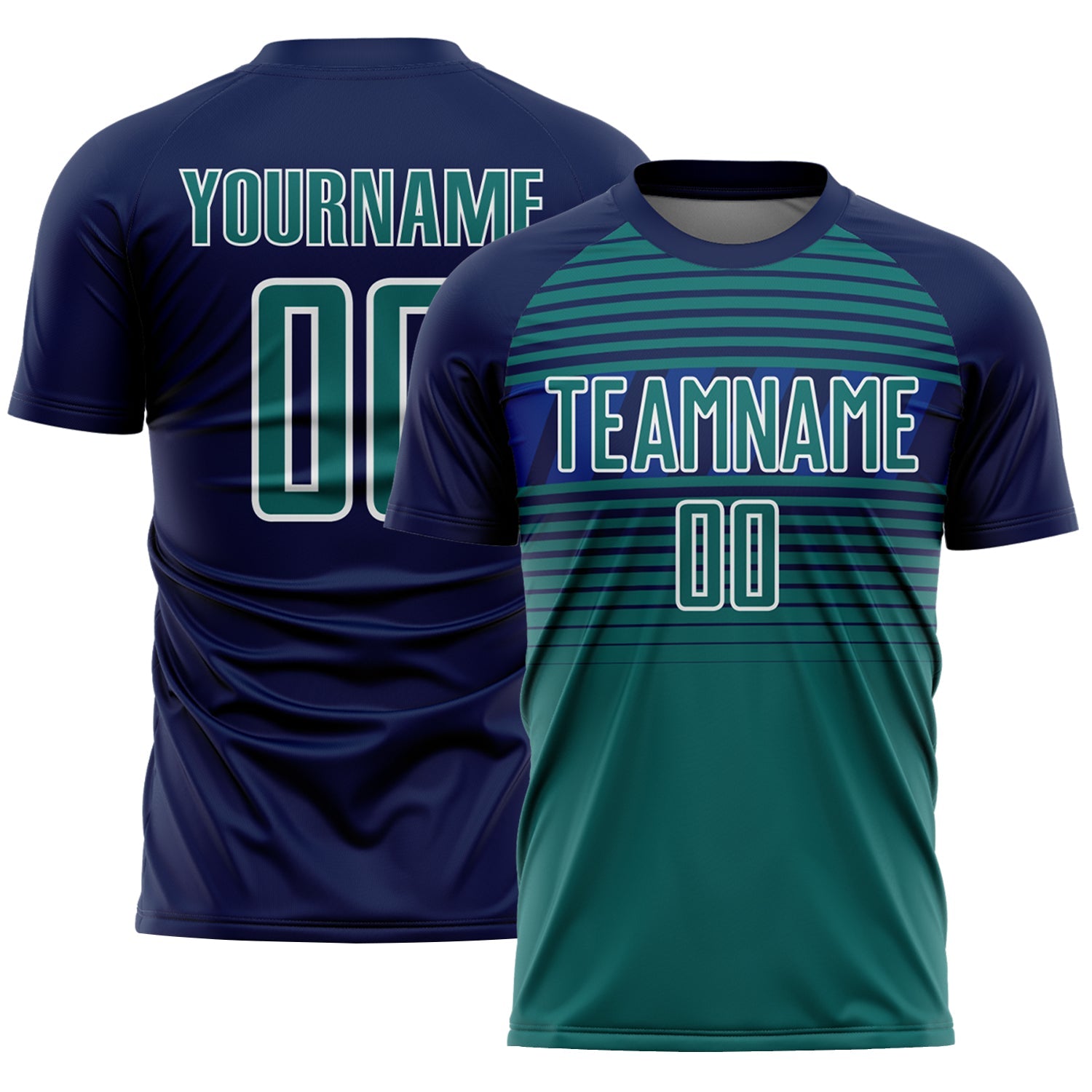Custom Navy Teal Royal-White Gradient Horizontal Stripes Sublimation Soccer Uniform Jersey - Main View