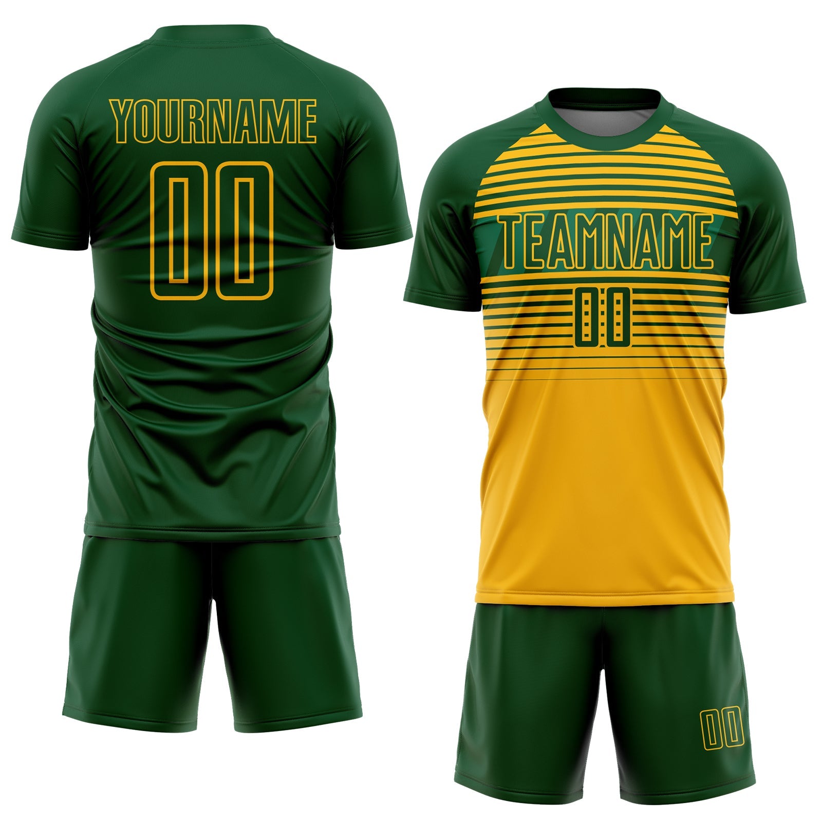 Custom Green Gold-Kelly Green Gradient Horizontal Stripes Sublimation Soccer Uniform Jersey view 2