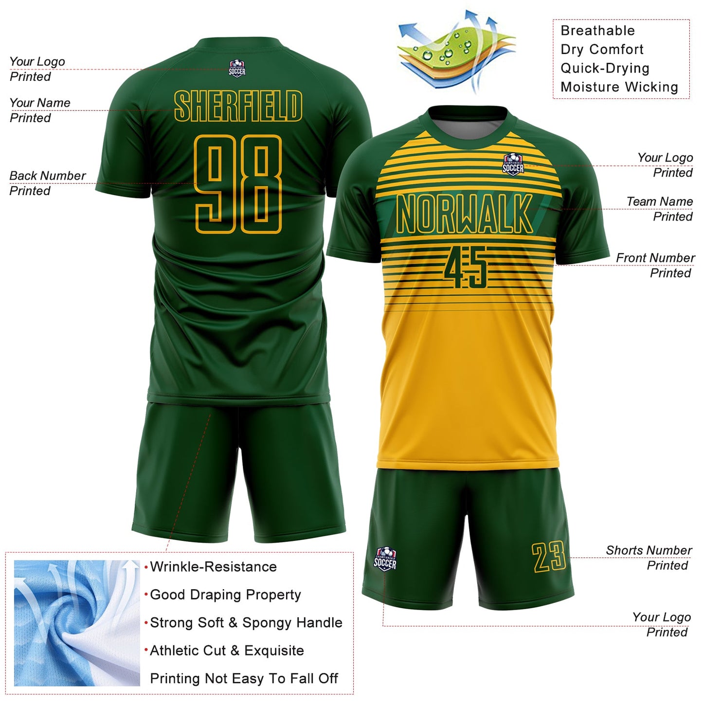 Custom Green Gold-Kelly Green Gradient Horizontal Stripes Sublimation Soccer Uniform Jersey view 4