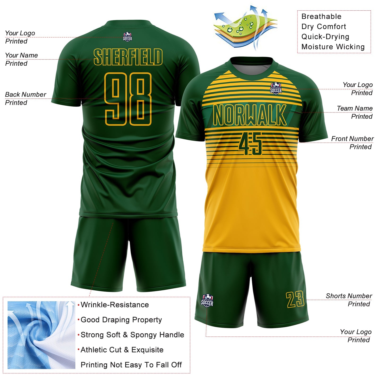 Custom Green Gold-Kelly Green Gradient Horizontal Stripes Sublimation Soccer Uniform Jersey view 4