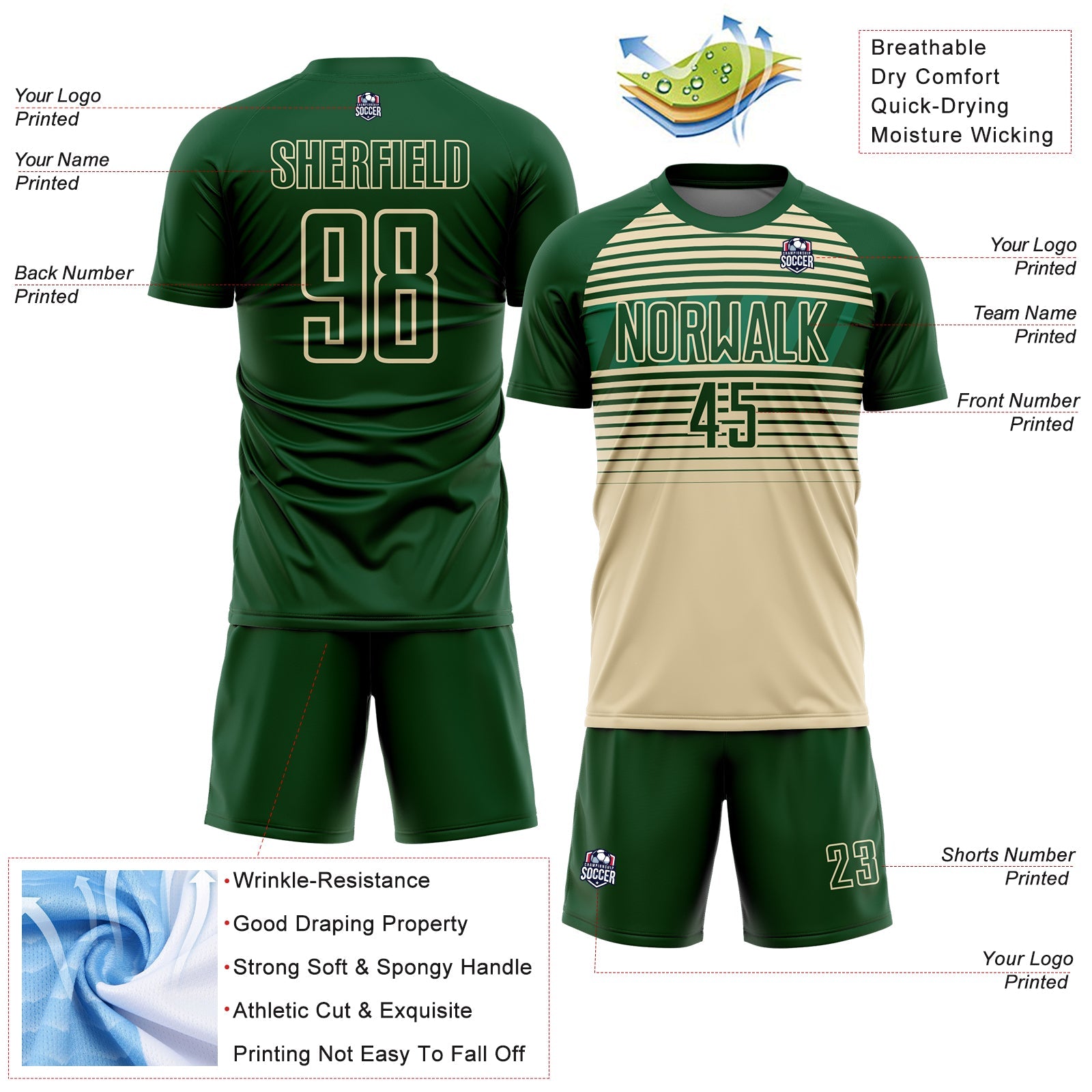 Custom Green Cream-Kelly Green Gradient Horizontal Stripes Sublimation Soccer Uniform Jersey view 4