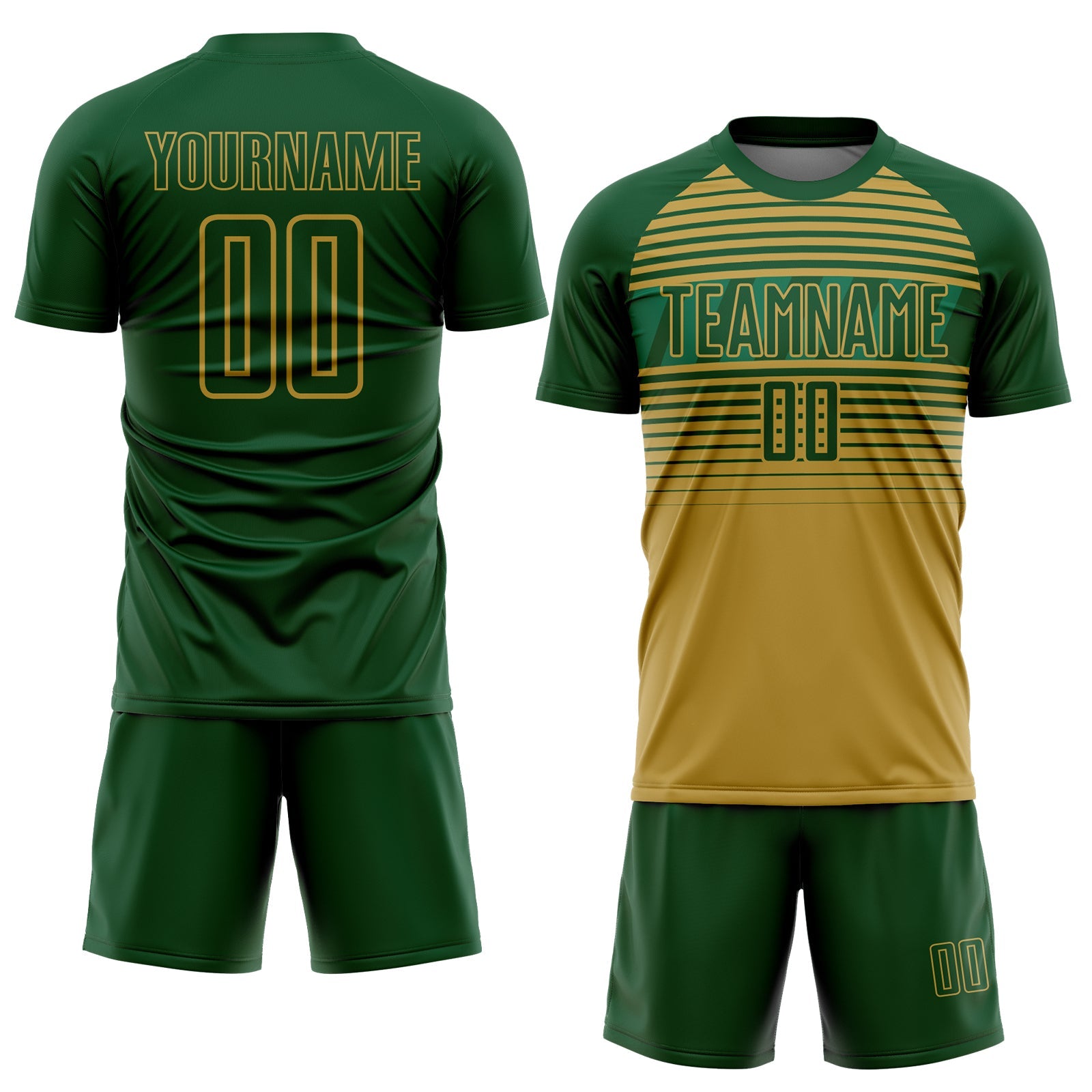 Custom Green Old Gold-Kelly Green Gradient Horizontal Stripes Sublimation Soccer Uniform Jersey view 2