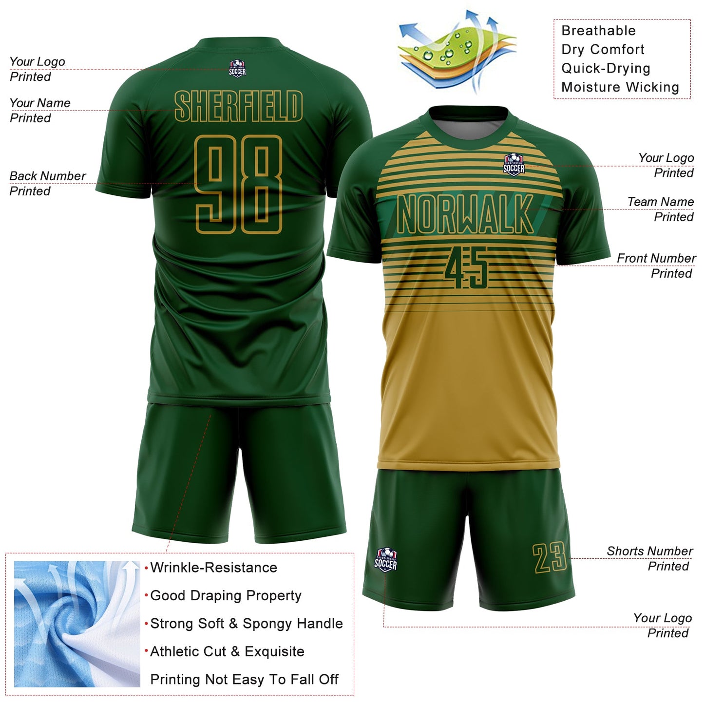Custom Green Old Gold-Kelly Green Gradient Horizontal Stripes Sublimation Soccer Uniform Jersey view 4