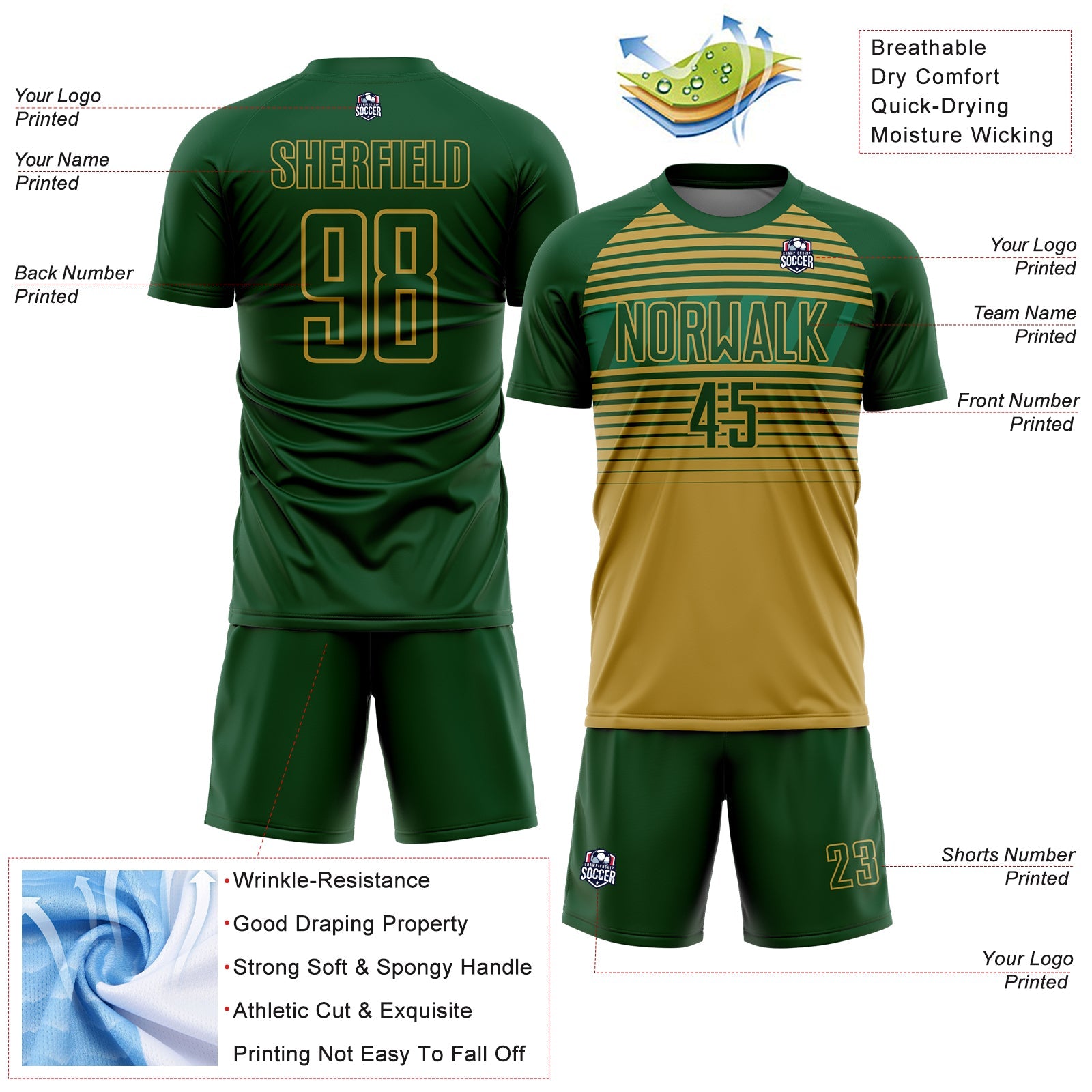 Custom Green Old Gold-Kelly Green Gradient Horizontal Stripes Sublimation Soccer Uniform Jersey view 4