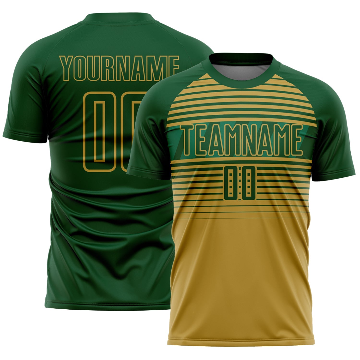 Custom Green Old Gold-Kelly Green Gradient Horizontal Stripes Sublimation Soccer Uniform Jersey - Main View