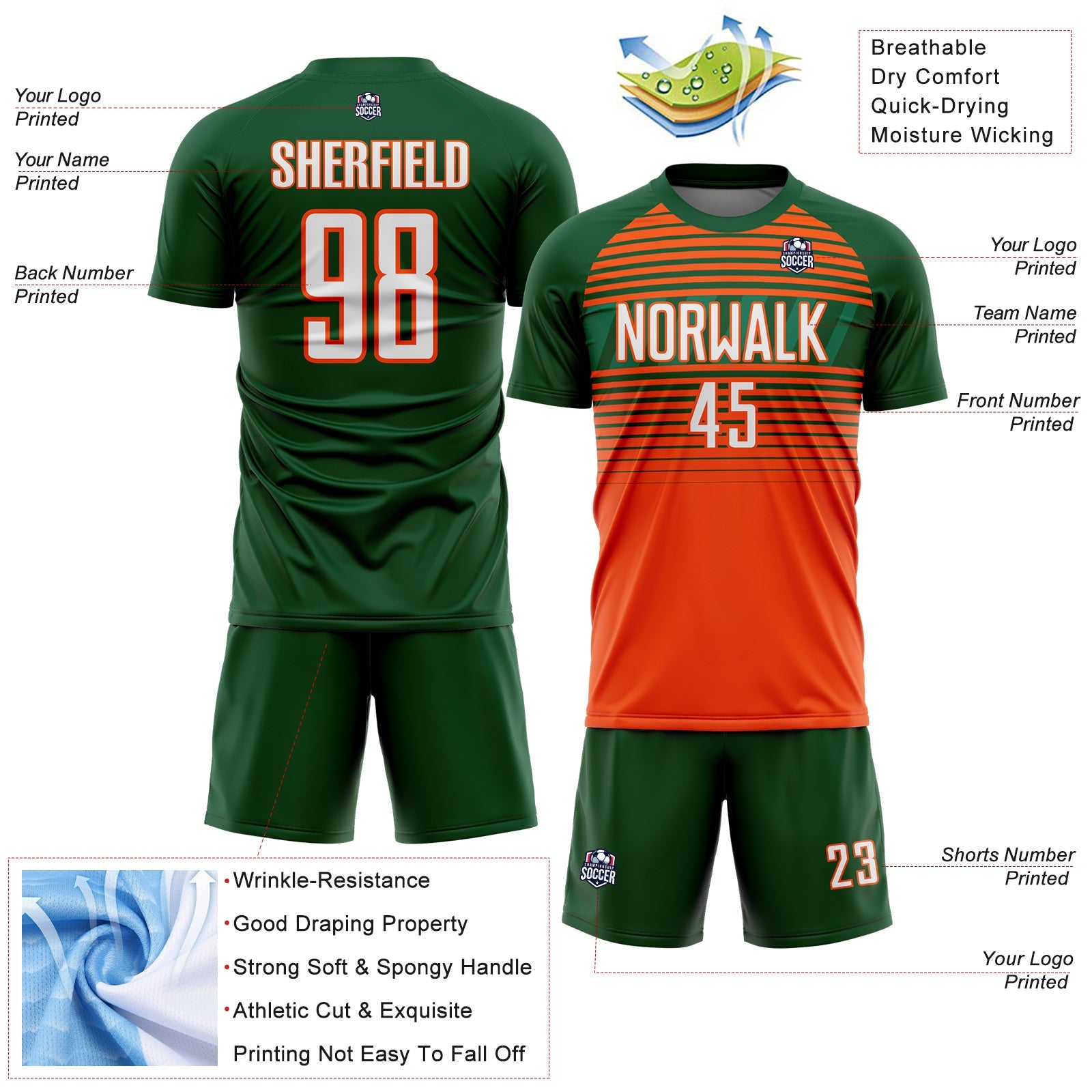 Custom Green Orange White-Kelly Green Gradient Horizontal Stripes Sublimation Soccer Uniform Jersey view 4