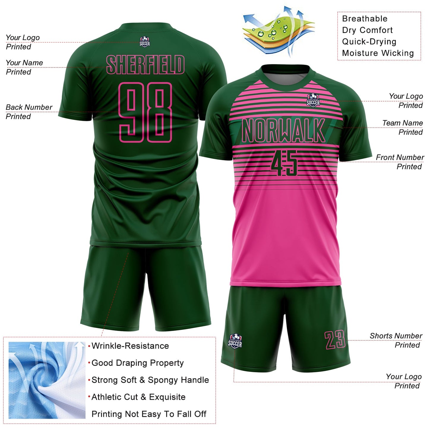 Custom Green Pink-Kelly Green Gradient Horizontal Stripes Sublimation Soccer Uniform Jersey view 4