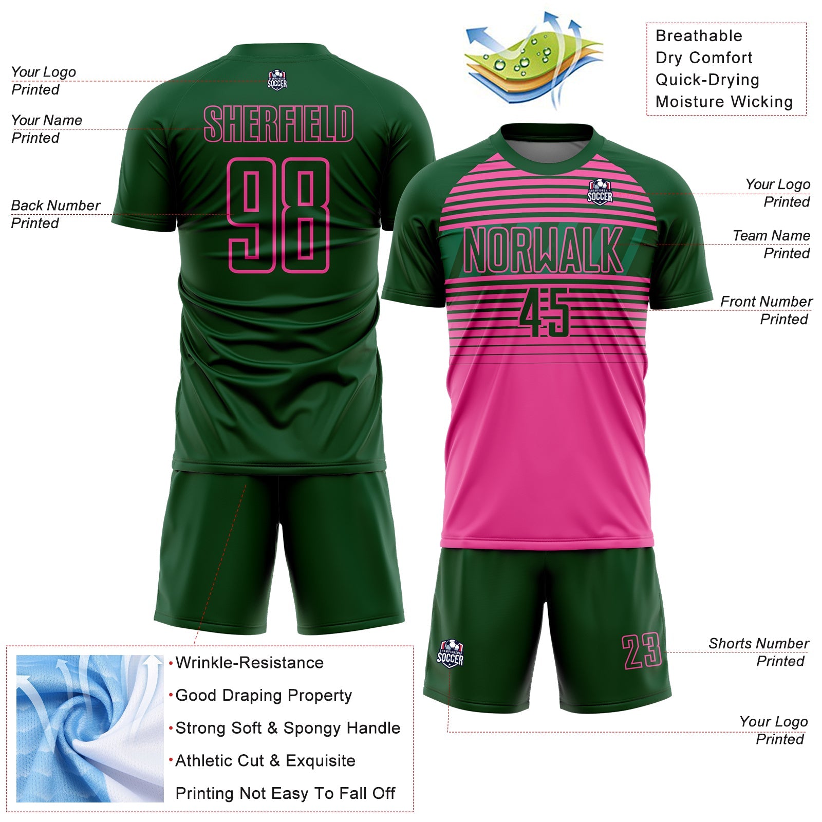 Custom Green Pink-Kelly Green Gradient Horizontal Stripes Sublimation Soccer Uniform Jersey view 4