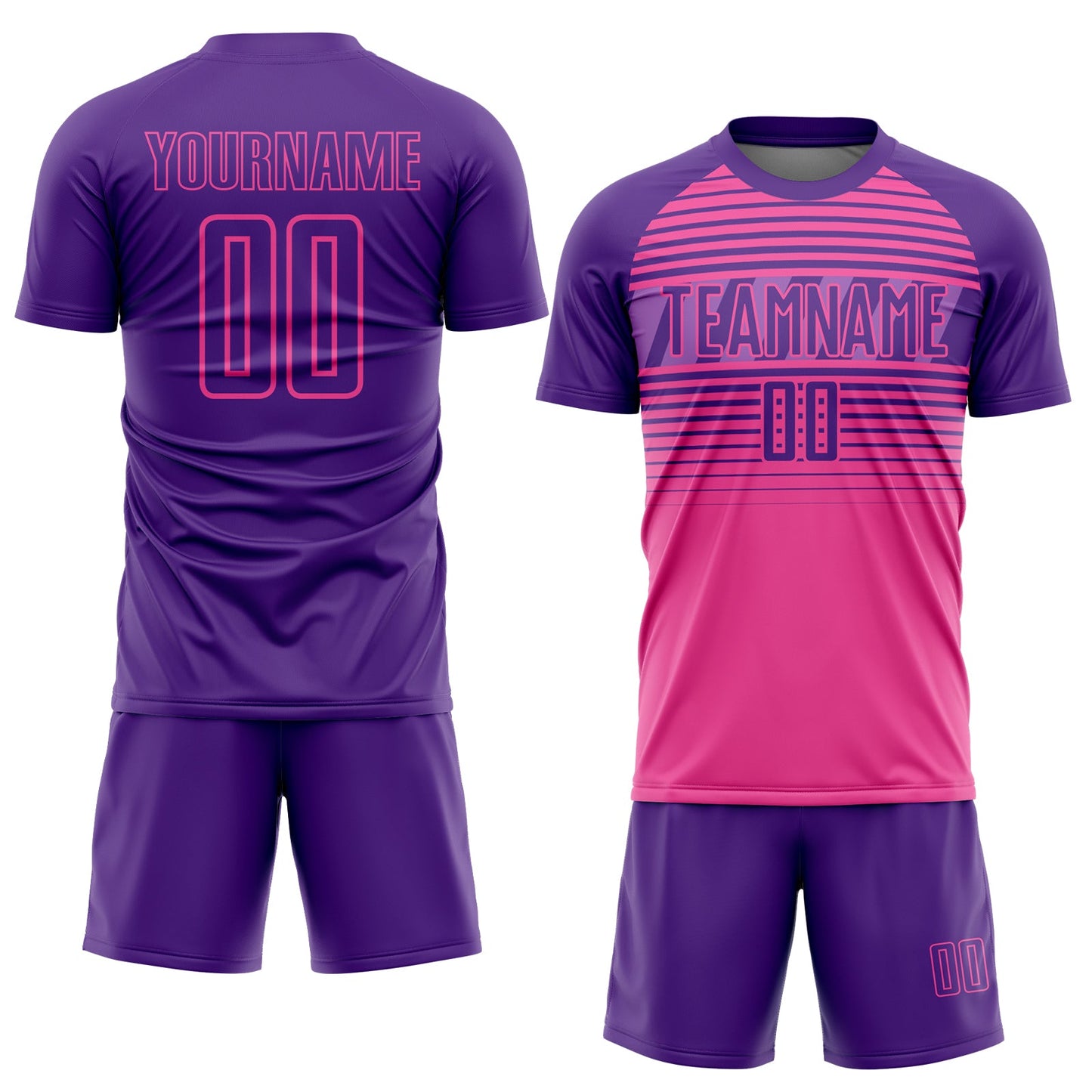 Custom Purple Pink-Medium Purple Gradient Horizontal Stripes Sublimation Soccer Uniform Jersey view 2