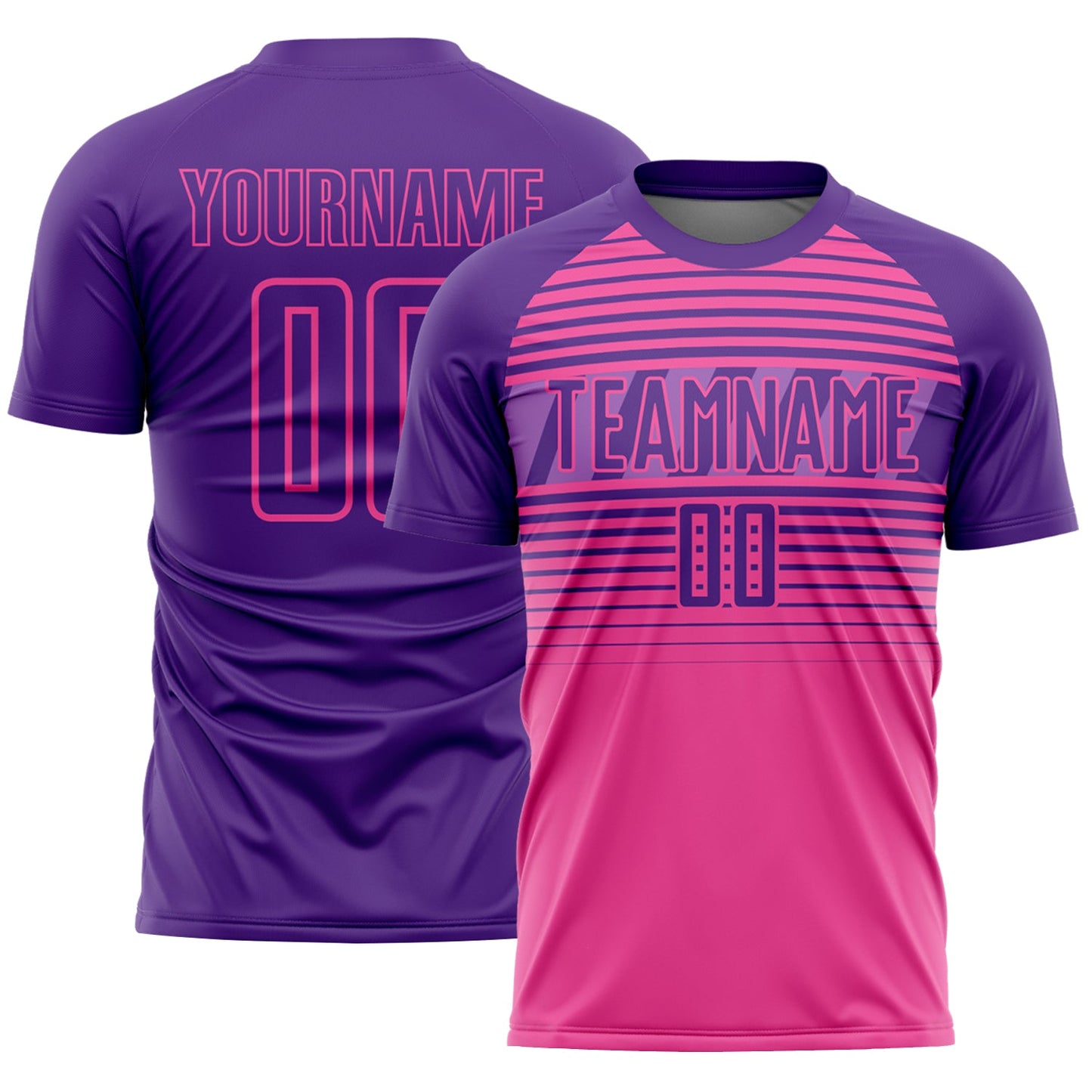 Custom Purple Pink-Medium Purple Gradient Horizontal Stripes Sublimation Soccer Uniform Jersey - Main View