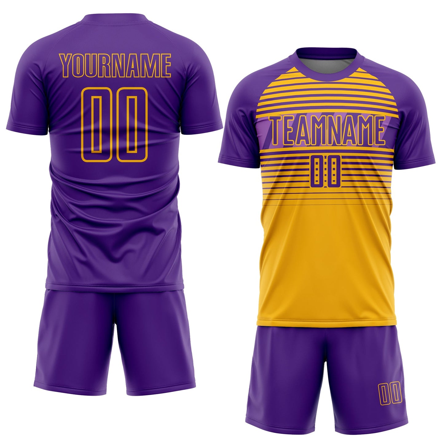 Custom Purple Gold-Medium Purple Gradient Horizontal Stripes Sublimation Soccer Uniform Jersey view 2