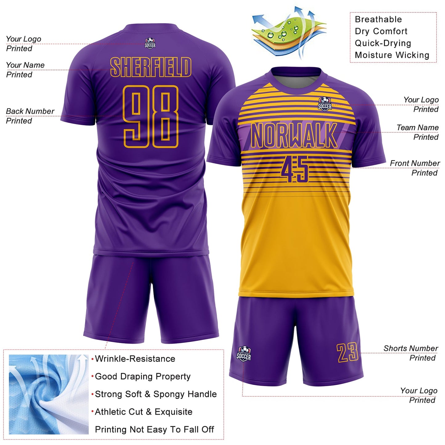 Custom Purple Gold-Medium Purple Gradient Horizontal Stripes Sublimation Soccer Uniform Jersey view 4
