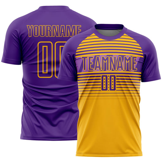 Custom Purple Gold-Medium Purple Gradient Horizontal Stripes Sublimation Soccer Uniform Jersey - Main View