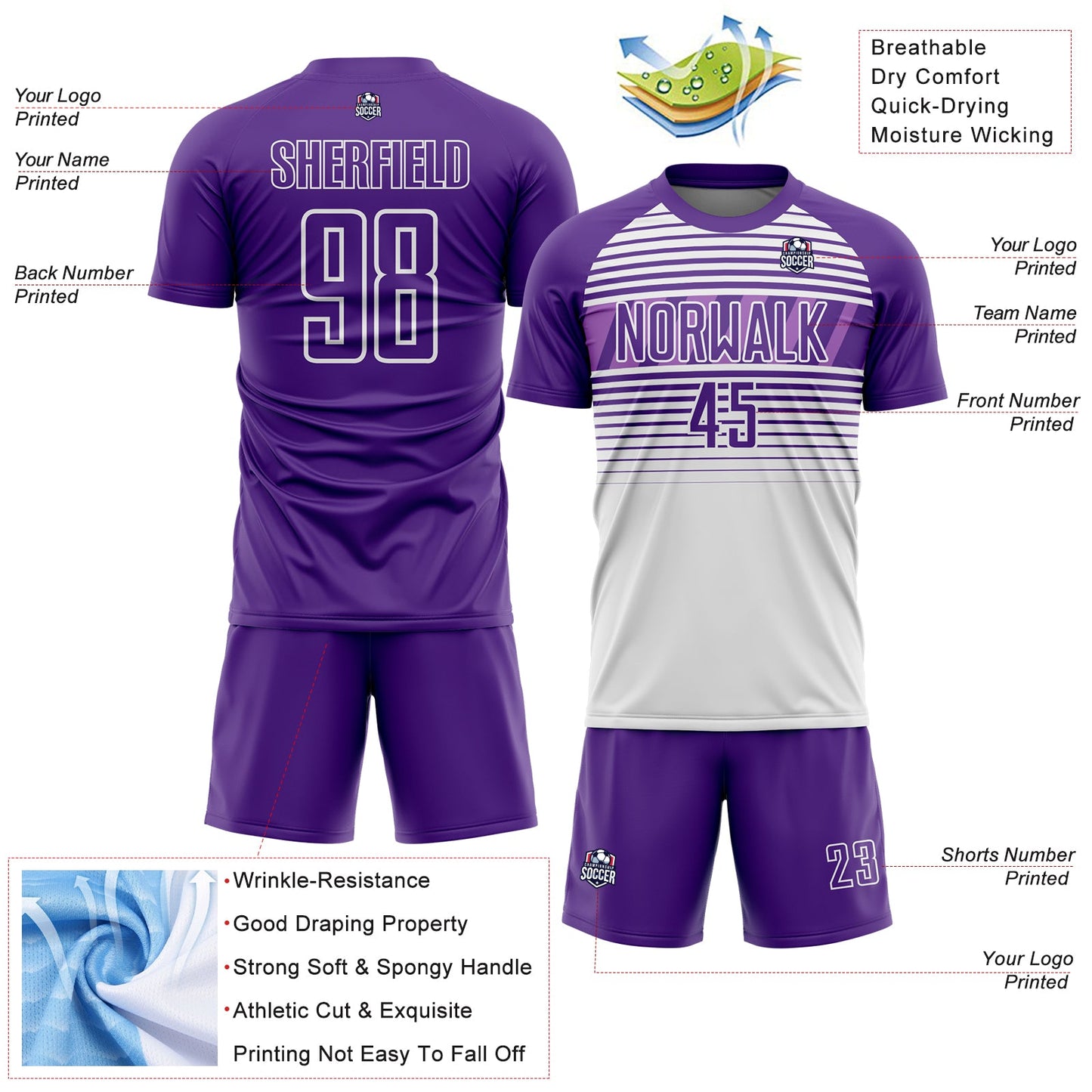 Custom Purple White-Medium Purple Gradient Horizontal Stripes Sublimation Soccer Uniform Jersey view 4