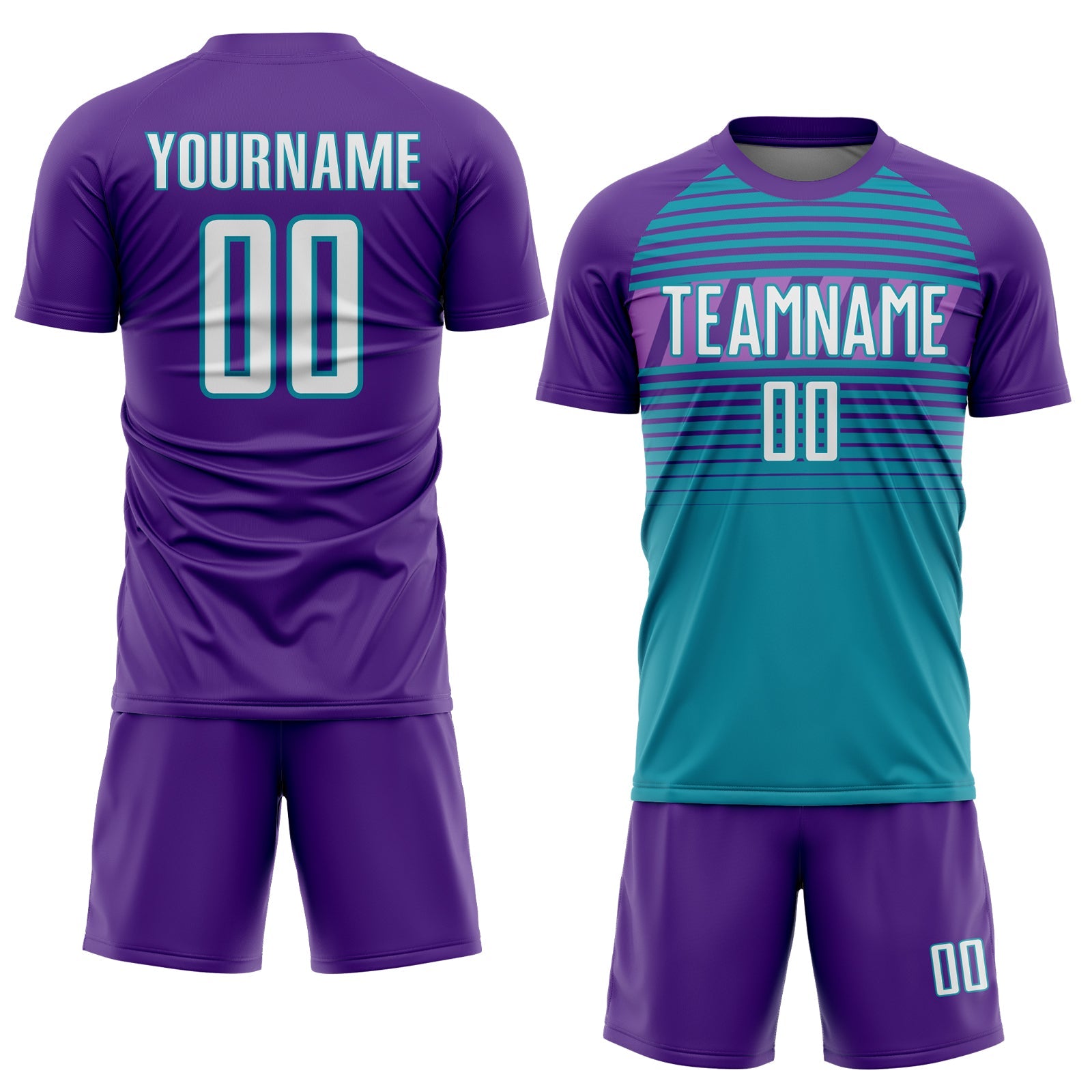 Custom Purple White Teal-Medium Purple Gradient Horizontal Stripes Sublimation Soccer Uniform Jersey view 2