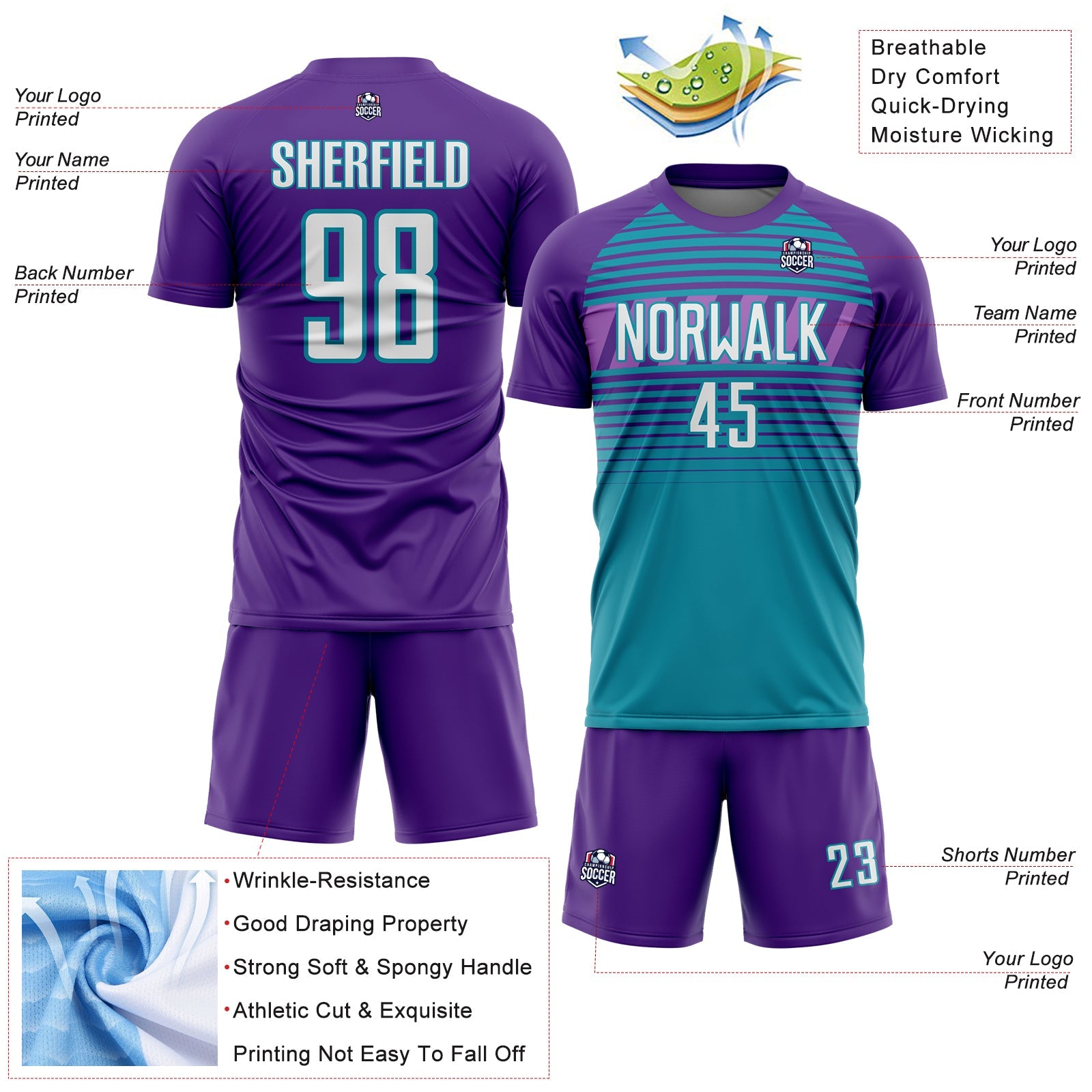 Custom Purple White Teal-Medium Purple Gradient Horizontal Stripes Sublimation Soccer Uniform Jersey view 4