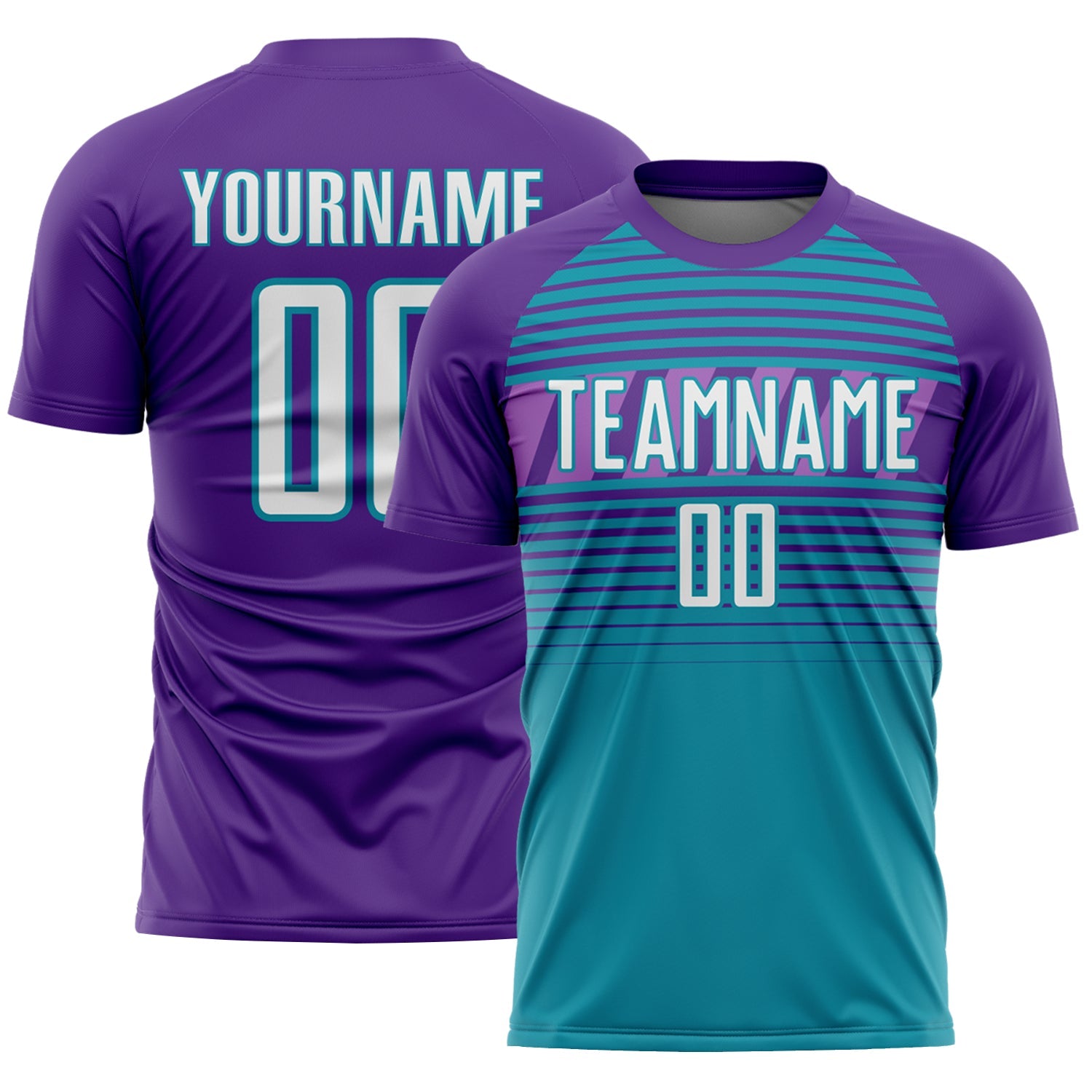 Custom Purple White Teal-Medium Purple Gradient Horizontal Stripes Sublimation Soccer Uniform Jersey - Main View