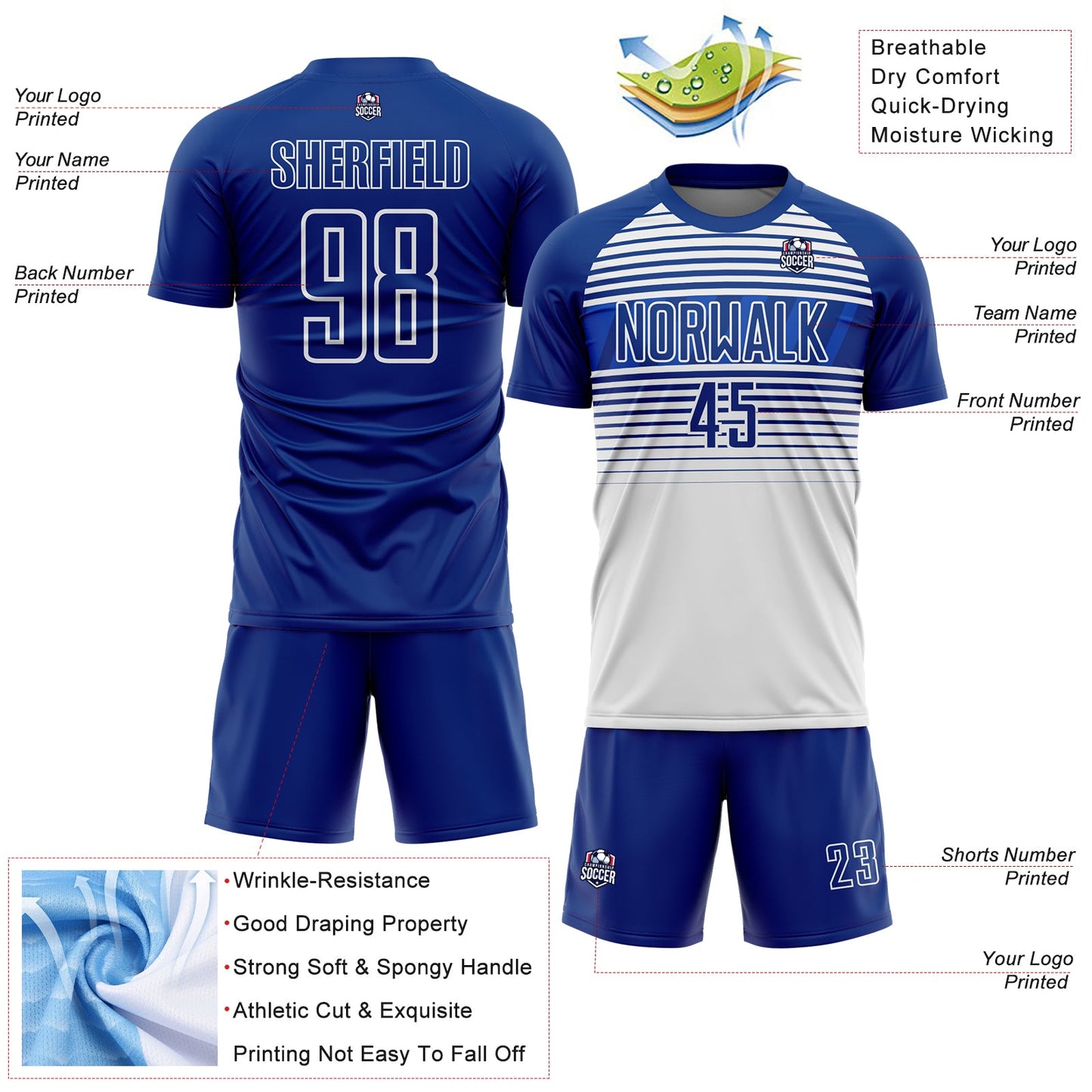 Custom Royal Thunder Blue-White Gradient Horizontal Stripes Sublimation Soccer Uniform Jersey view 4