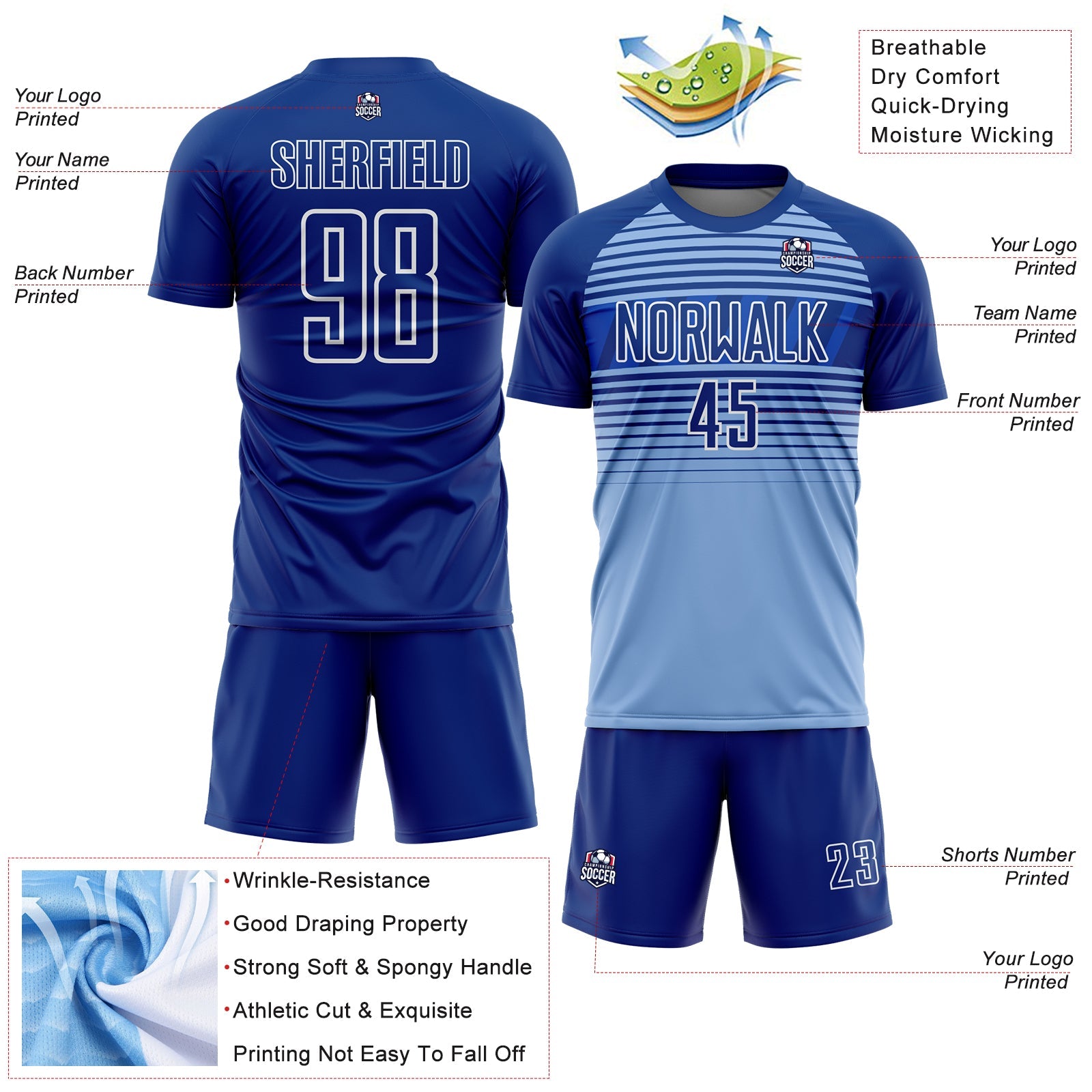 Custom Royal Light Blue Thunder Blue-White Gradient Horizontal Stripes Sublimation Soccer Uniform Jersey view 4