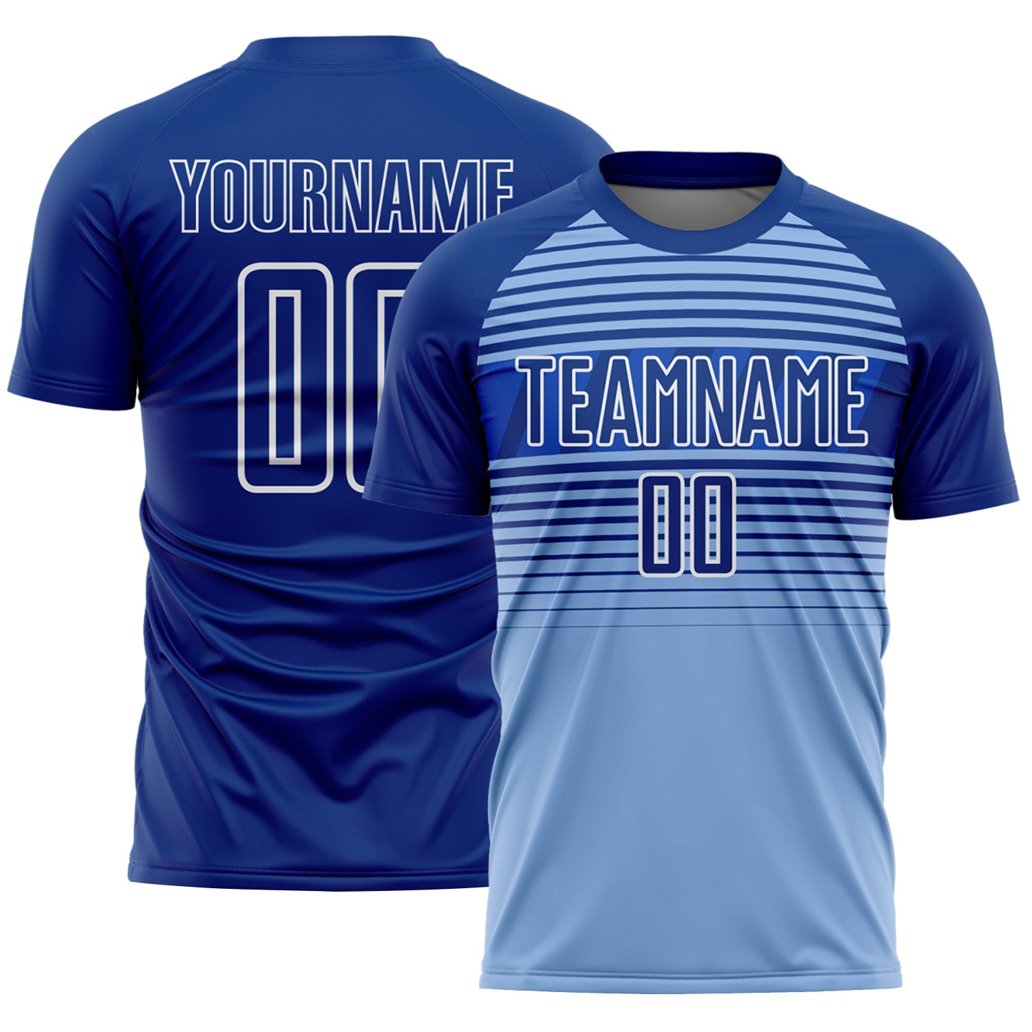 Custom Royal Light Blue Thunder Blue-White Gradient Horizontal Stripes Sublimation Soccer Uniform Jersey - Main View