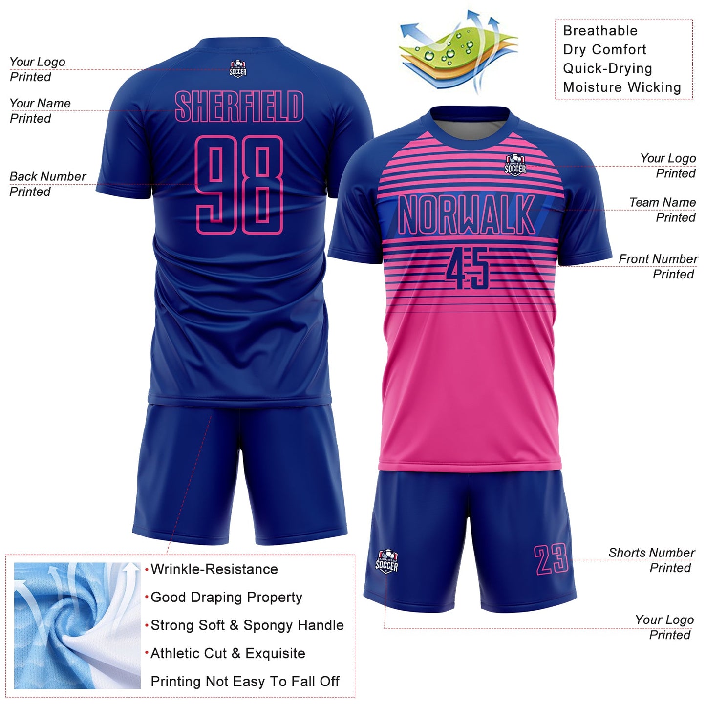 Custom Royal Pink-Thunder Blue Gradient Horizontal Stripes Sublimation Soccer Uniform Jersey view 4