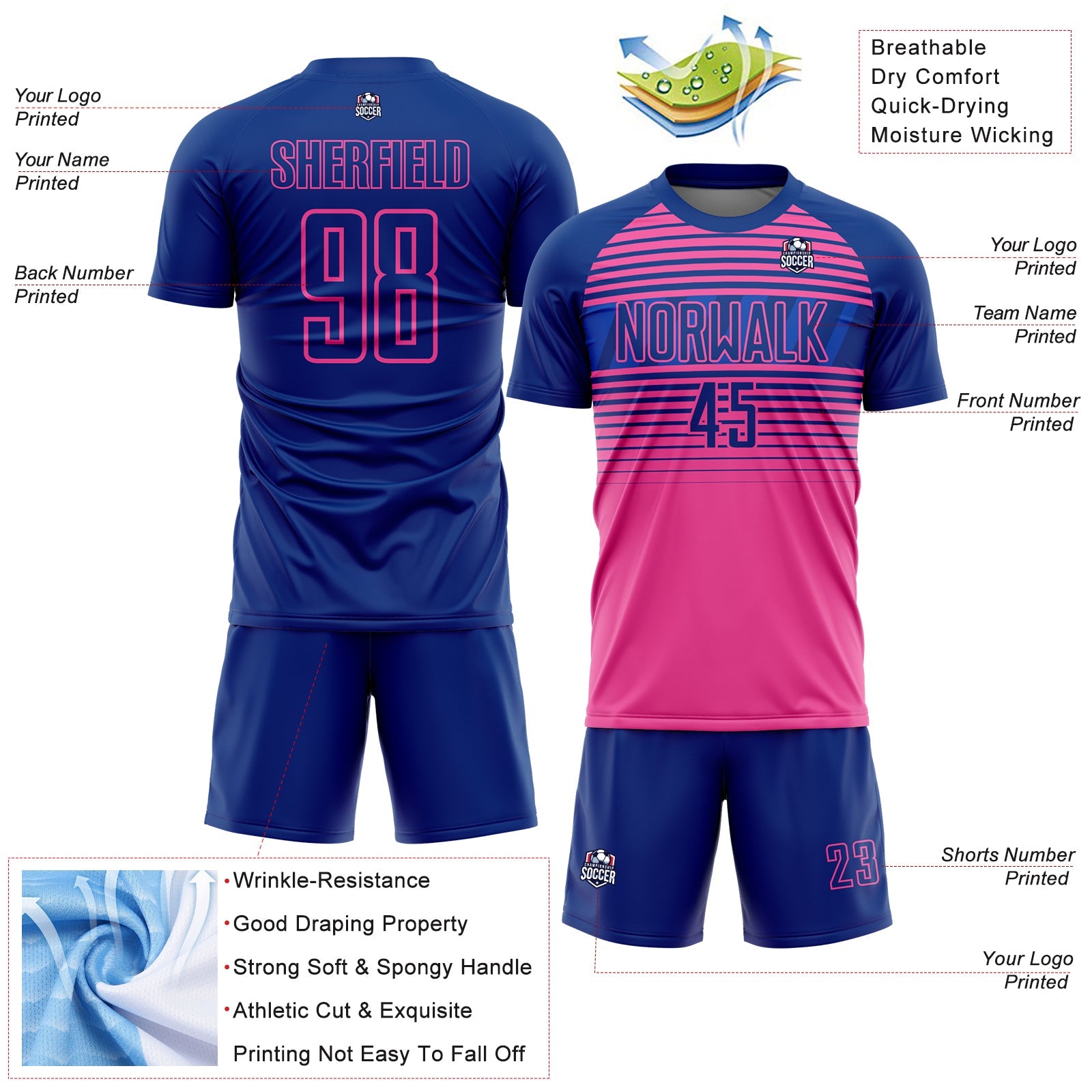 Custom Royal Pink-Thunder Blue Gradient Horizontal Stripes Sublimation Soccer Uniform Jersey view 4