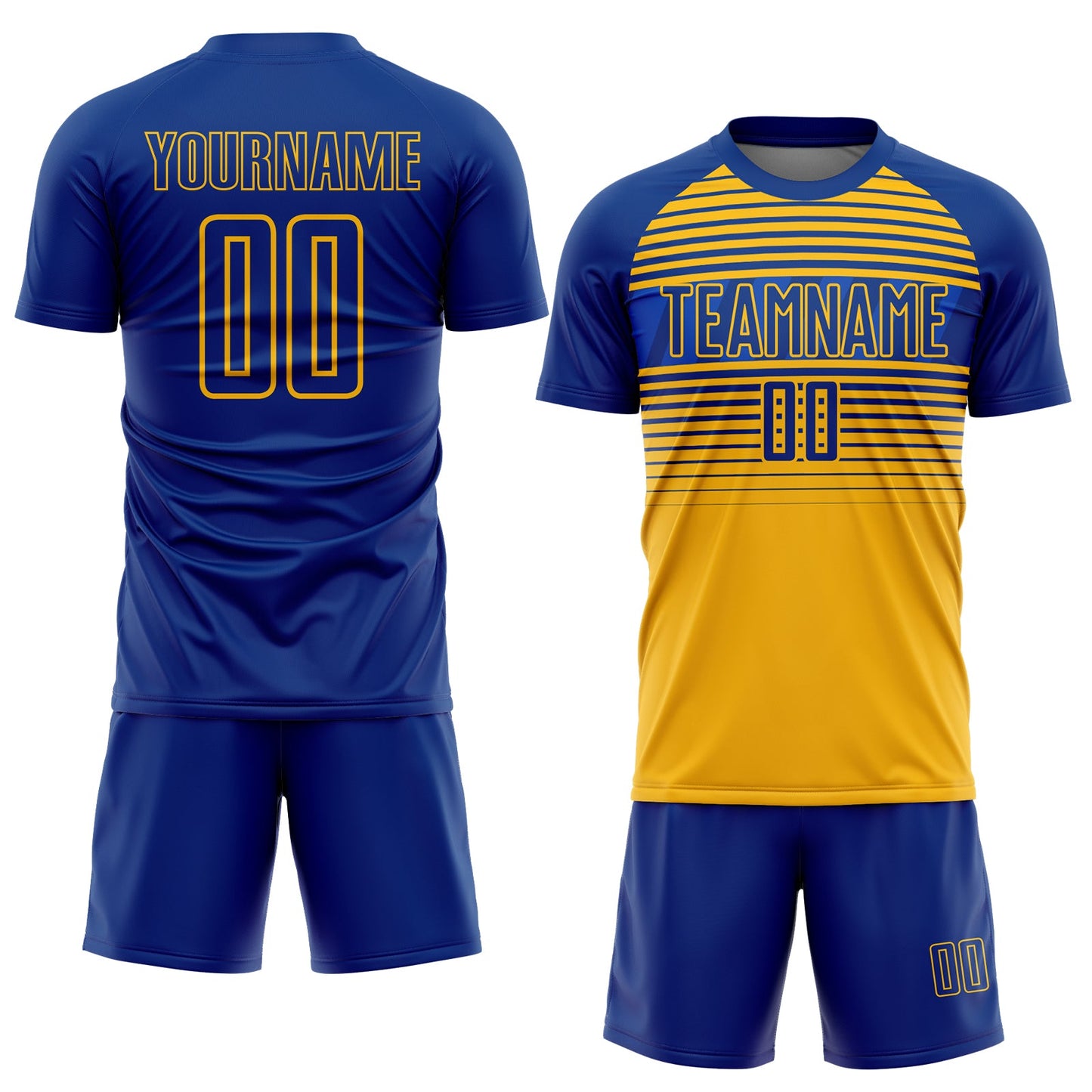 Custom Royal Gold-Thunder Blue Gradient Horizontal Stripes Sublimation Soccer Uniform Jersey view 2