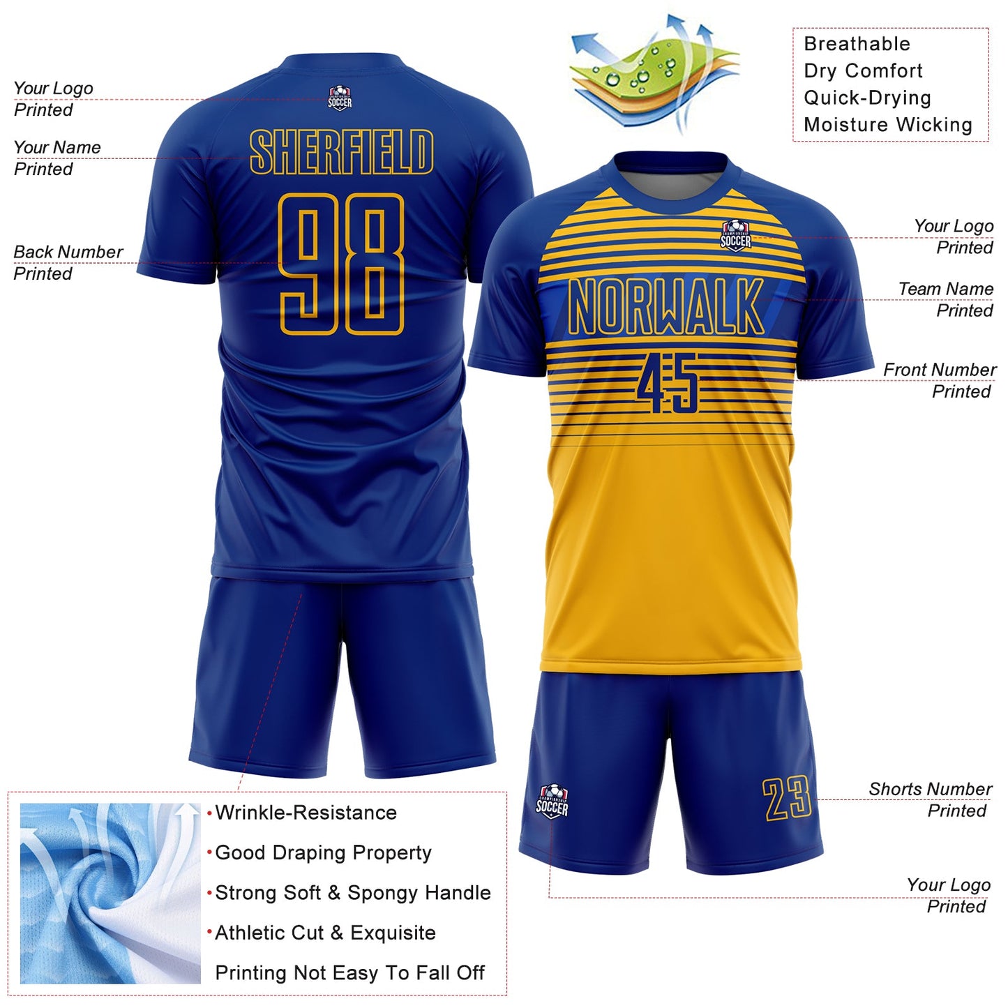 Custom Royal Gold-Thunder Blue Gradient Horizontal Stripes Sublimation Soccer Uniform Jersey view 4