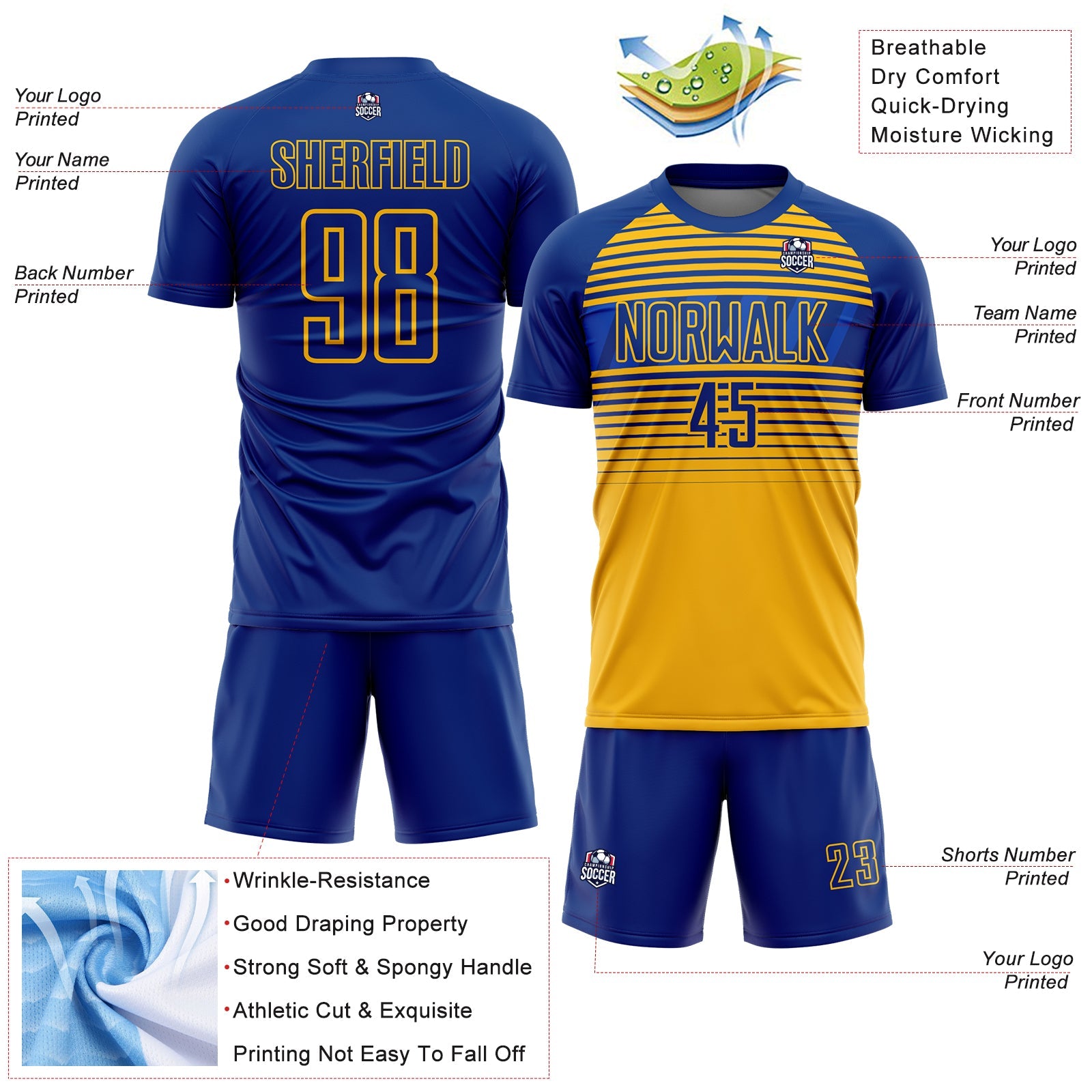 Custom Royal Gold-Thunder Blue Gradient Horizontal Stripes Sublimation Soccer Uniform Jersey view 4