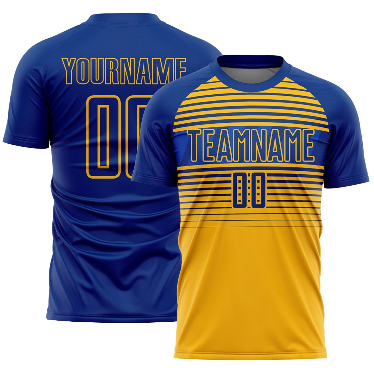 Custom Royal Gold-Thunder Blue Gradient Horizontal Stripes Sublimation Soccer Uniform Jersey - Main View