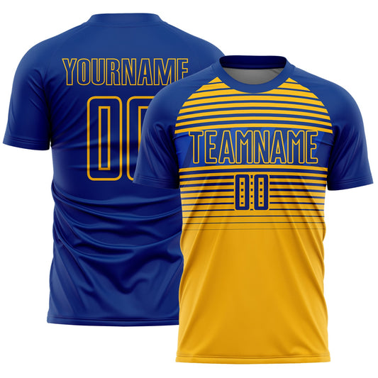 Custom Royal Gold-Thunder Blue Gradient Horizontal Stripes Sublimation Soccer Uniform Jersey - Main View