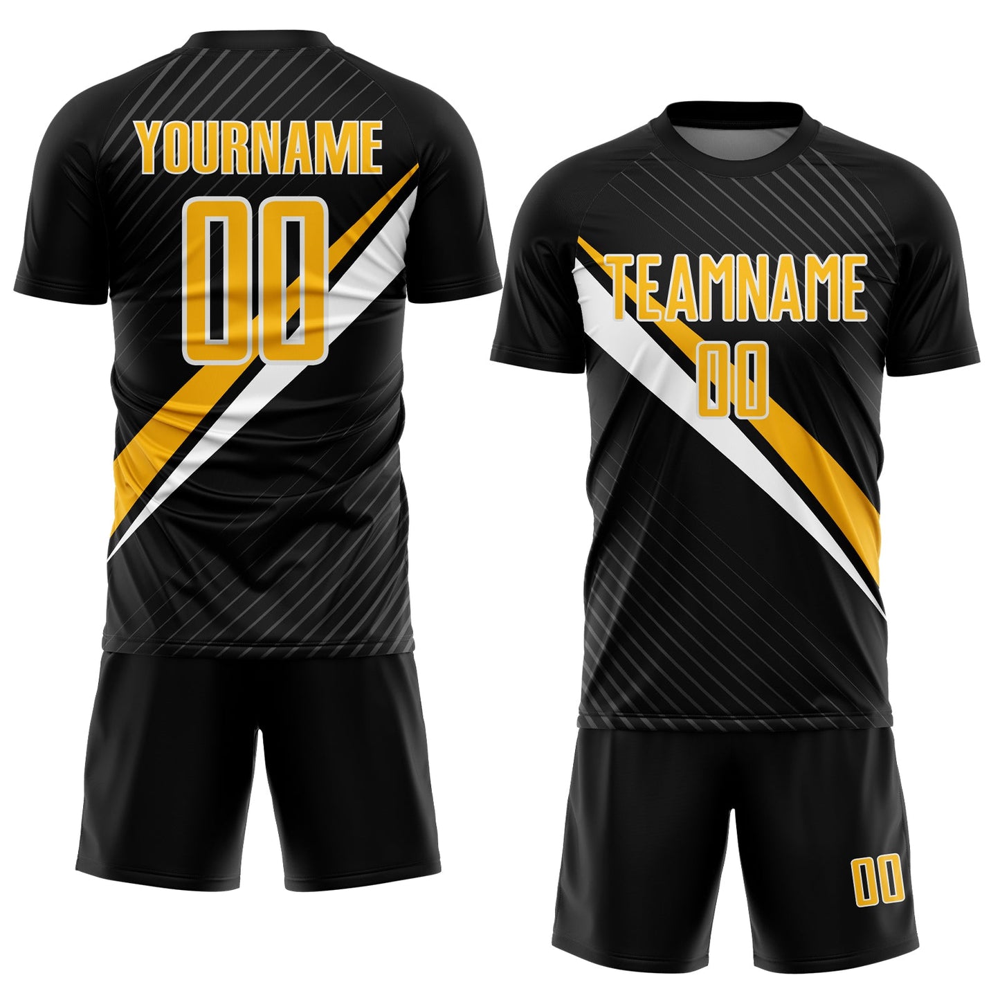 Custom Black Gold-White Diagonal Stripes Sports Sublimation Soccer Uniform Jersey view 2
