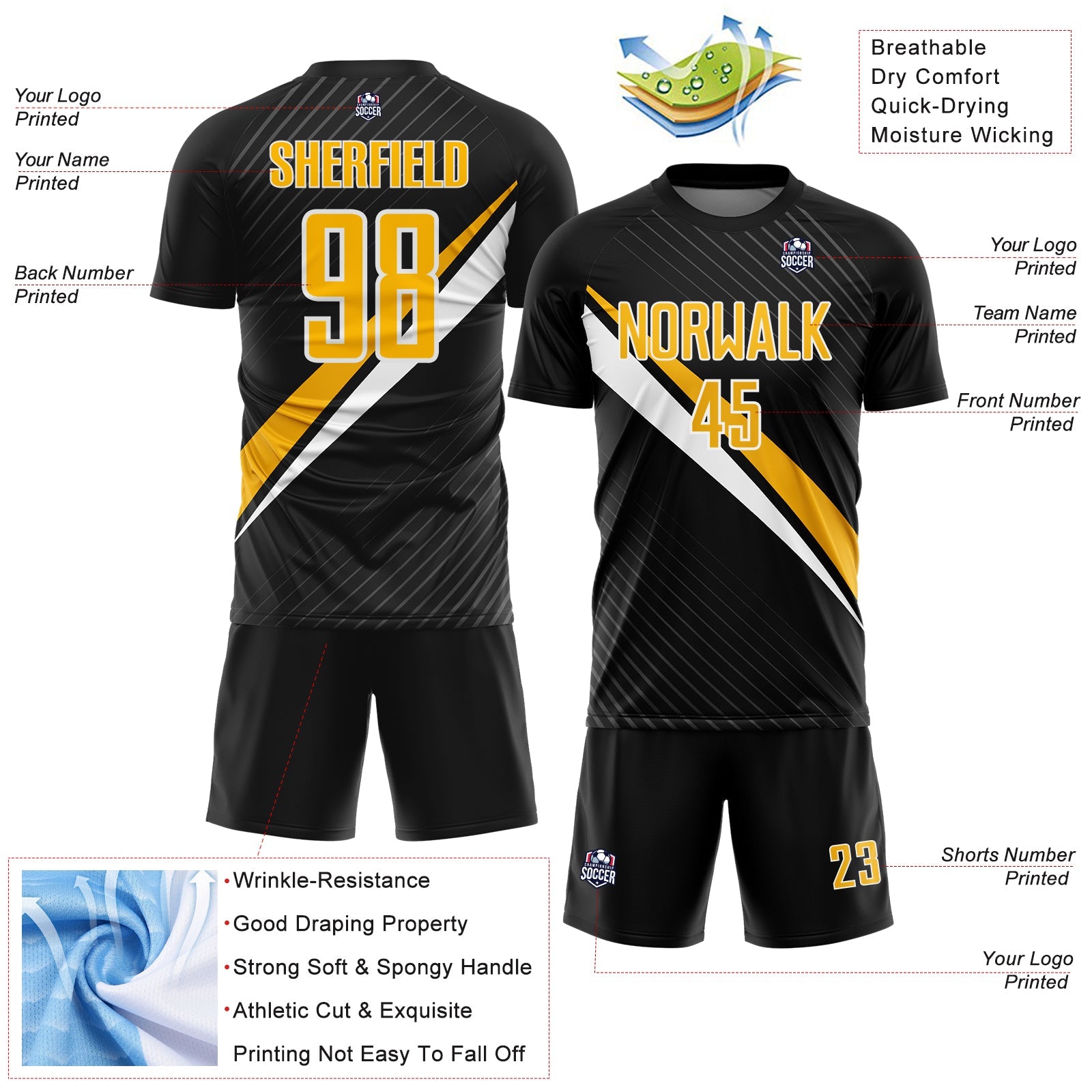 Custom Black Gold-White Diagonal Stripes Sports Sublimation Soccer Uniform Jersey view 4