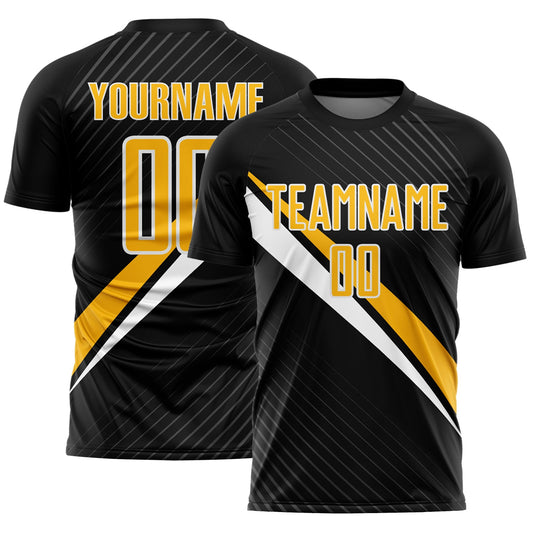 Custom Black Gold-White Diagonal Stripes Sports Sublimation Soccer Uniform Jersey - Main View