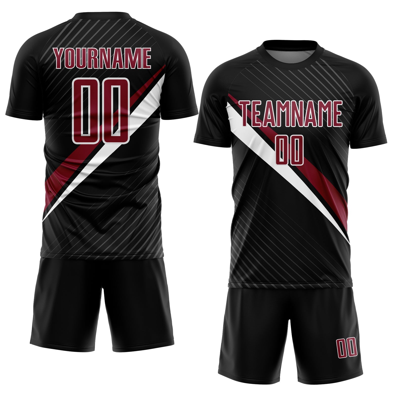 Custom Black Crimson-White Diagonal Stripes Sports Sublimation Soccer Uniform Jersey view 2