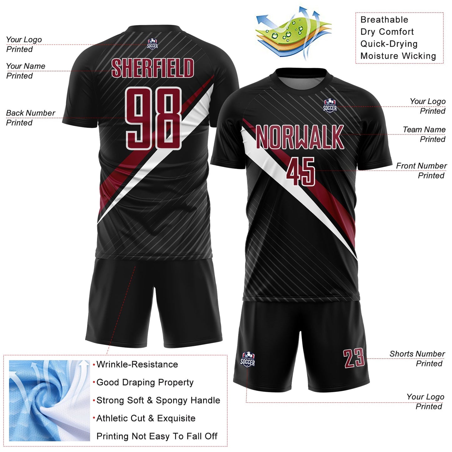 Custom Black Crimson-White Diagonal Stripes Sports Sublimation Soccer Uniform Jersey view 4