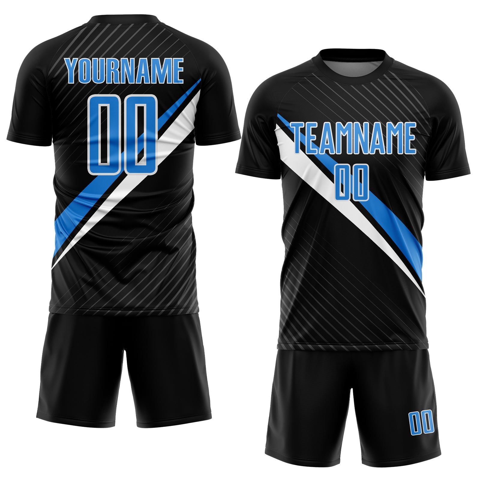 Custom Black Powder Blue-White Diagonal Stripes Sports Sublimation Soccer Uniform Jersey view 2