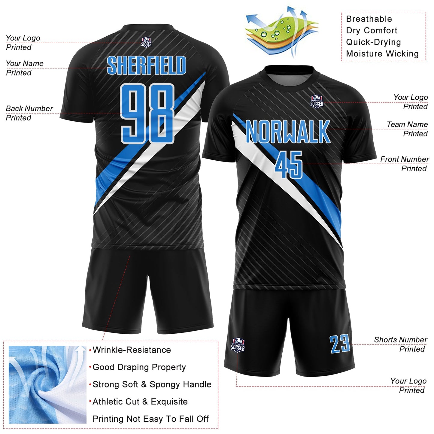 Custom Black Powder Blue-White Diagonal Stripes Sports Sublimation Soccer Uniform Jersey view 4
