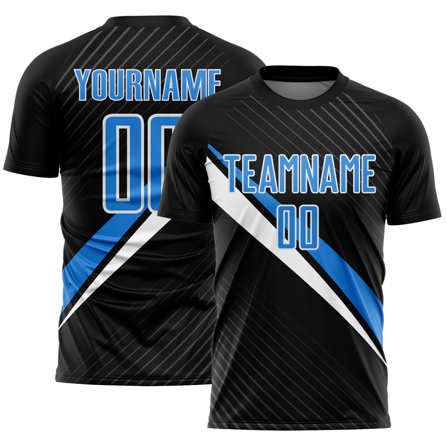 Custom Black Powder Blue-White Diagonal Stripes Sports Sublimation Soccer Uniform Jersey - Main View