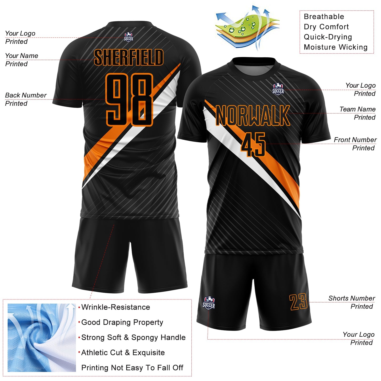 Custom Black Bay Orange-White Diagonal Stripes Sports Sublimation Soccer Uniform Jersey view 4