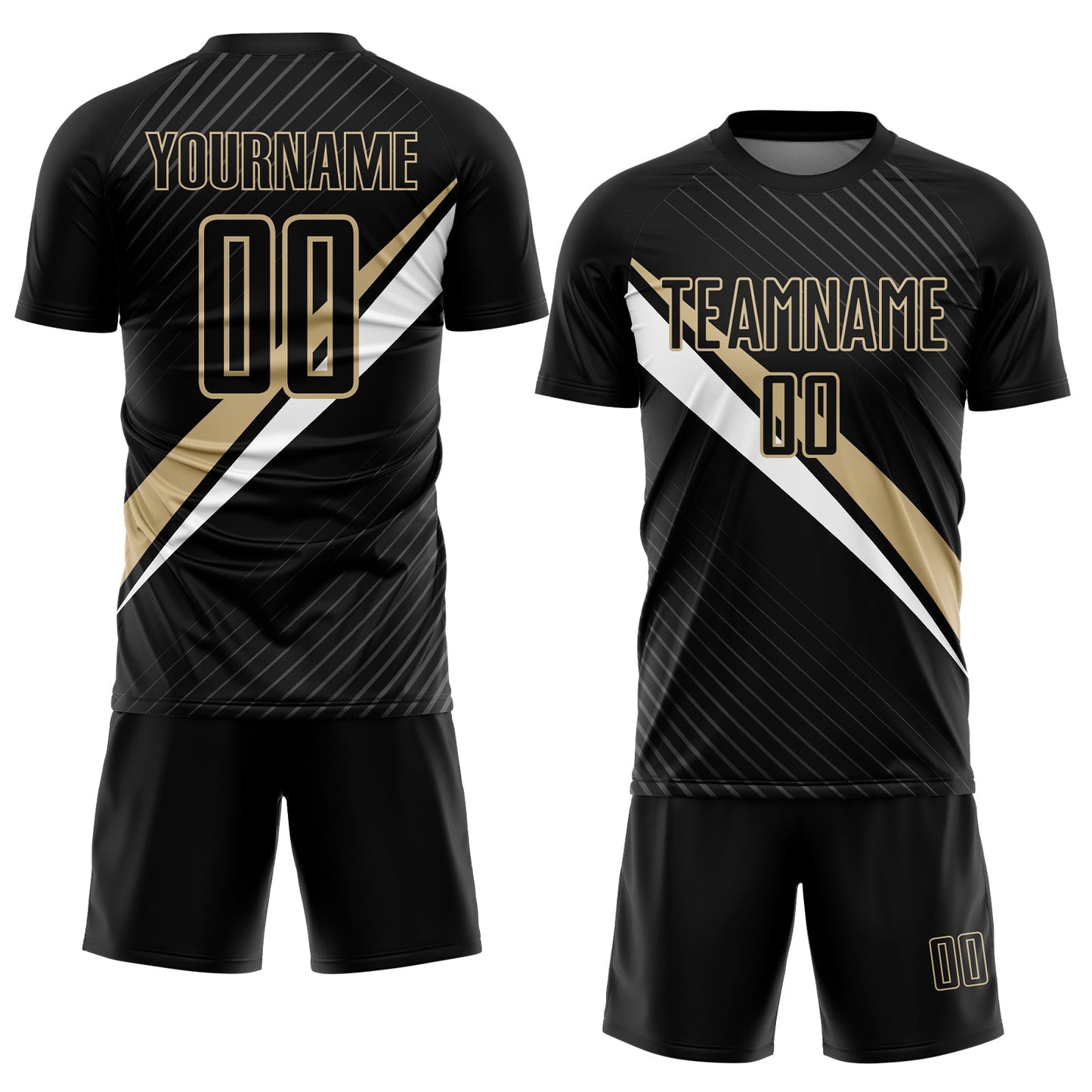 Custom Black Vegas Gold-White Diagonal Stripes Sports Sublimation Soccer Uniform Jersey view 2