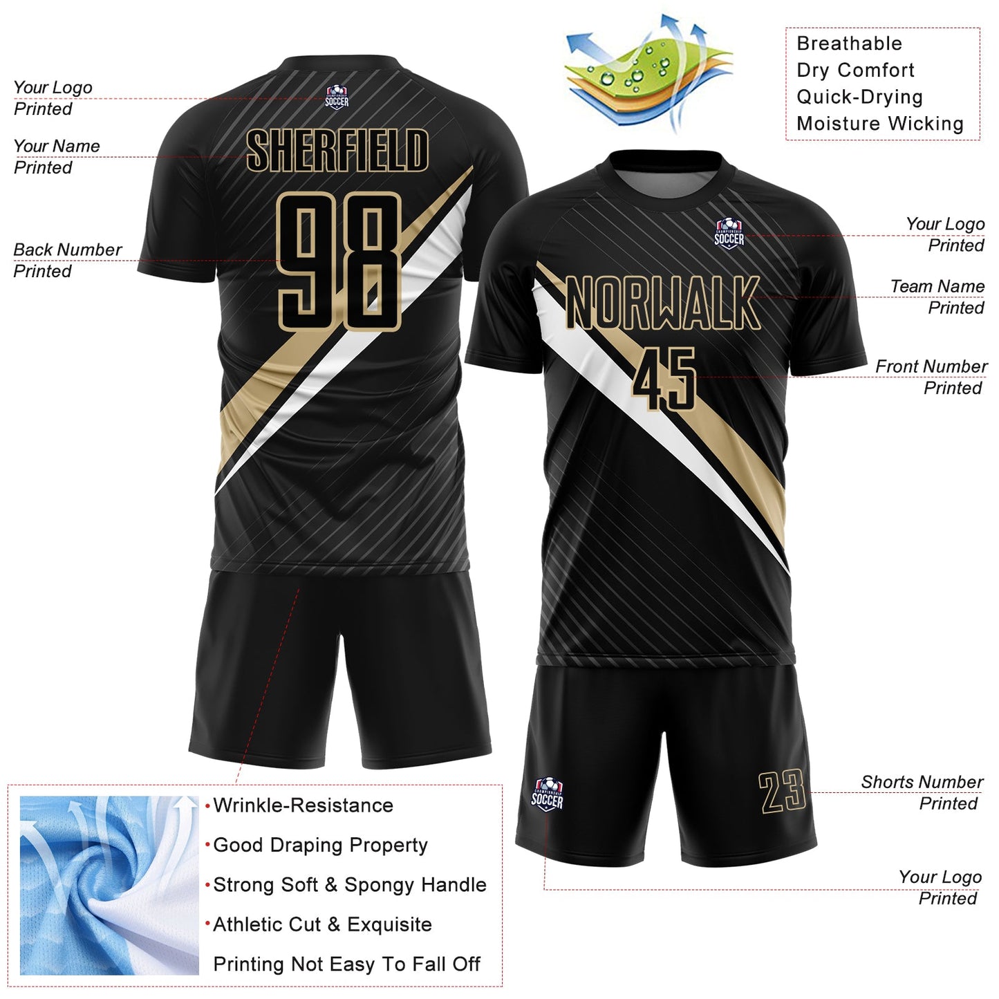 Custom Black Vegas Gold-White Diagonal Stripes Sports Sublimation Soccer Uniform Jersey view 4